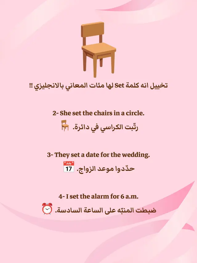 تخييل انه كلمة Set لها مئات المعاني بالانجليزي !! انتبه تلخبطك في الاستماع والقراءة بالايلتس (حدد المعنى من السياق) هذه اهم المعاني 👇🏻 1- He set the book on the table. وضع الكتاب على الطاولة. 📚 2- She set the chairs in a circle. رتّبت الكراسي في دائرة. 🪑 3- They set a date for the wedding. حدّدوا موعد الزواج. 📅 4- I set the alarm for 6 a.m. ضبطت المنبّه على الساعة السادسة. ⏰ 5- They set up a new business. أنشأوا مشروعًا جديدًا. 🏢 6- He set the rules for the game. وضع القواعد للعبة. 🧩 7- The teacher set homework. أعطى المعلم واجبًا منزليًا. 📝 8- They set off early in the morning. انطلقوا باكرًا في الصباح. 🚗 9- The sun set behind the hills. غرَبت الشمس خلف التلال. 🌅 10- He set the machine in motion. بدأ تشغيل الآلة. ⚙️ 11- They set him free. أطلقوا سراحه. 🕊️ 12- His habits became set over time. ترسّخت عاداته مع مرور الوقت. 🧠 13- The news set him thinking. الخبر جعله يفكر بعمق. 💭 14- She set a good example for others. قدّمت مثالًا جيدًا للآخرين. 🌟 15- I bought a new set of dishes. اشتريت طقم أطباق جديد. 🍽️ 16- He owns a complete set of tools. يمتلك طقم أدوات كامل. 🔧 17- She’s part of the rich set. هي من الفئة الثرية. 💰 18- They filmed on a movie set. صوّروا في موقع تصوير. 🎬 19- He won two sets in the match. فاز بمجموعتين في المباراة. 🎾 20- Your skill set is impressive. مجموعة مهاراتك مميزة. 💼 21- The restaurant offers a set menu. المطعم يقدم قائمة طعام محددة مسبقًا. 🍴 22- He has set habits he won’t change. لديه عادات ثابتة لن يغيّرها. ⚓ 23- We follow a set routine every day. نتبع روتينًا منتظمًا كل يوم. 🔁 24- The plan is set and ready to go. الخطة محددة وجاهزة للتنفيذ. 📋 25- The glue is set and firm now. الغراء الآن متماسك وثابت. 🧱