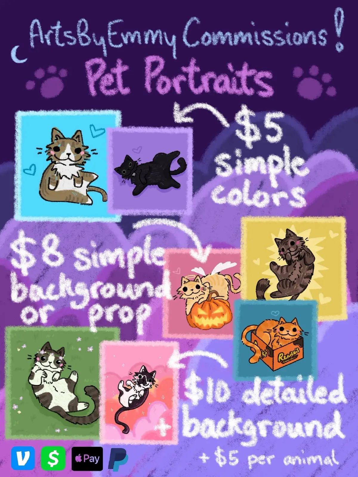 Finally got around to making my official art commission sheet with updated prices! I make cutie cat drawings but can also do any other animals for pet portraits. If you’re interested, message me on instagram! :) I normally get drawings done 1-2 days max, and love posting all my work along with your pets here on TikTok and on instagram🩷 Have a wonderful day!  #petportrait #cattok #artcommission #drawing #commissionsheet 