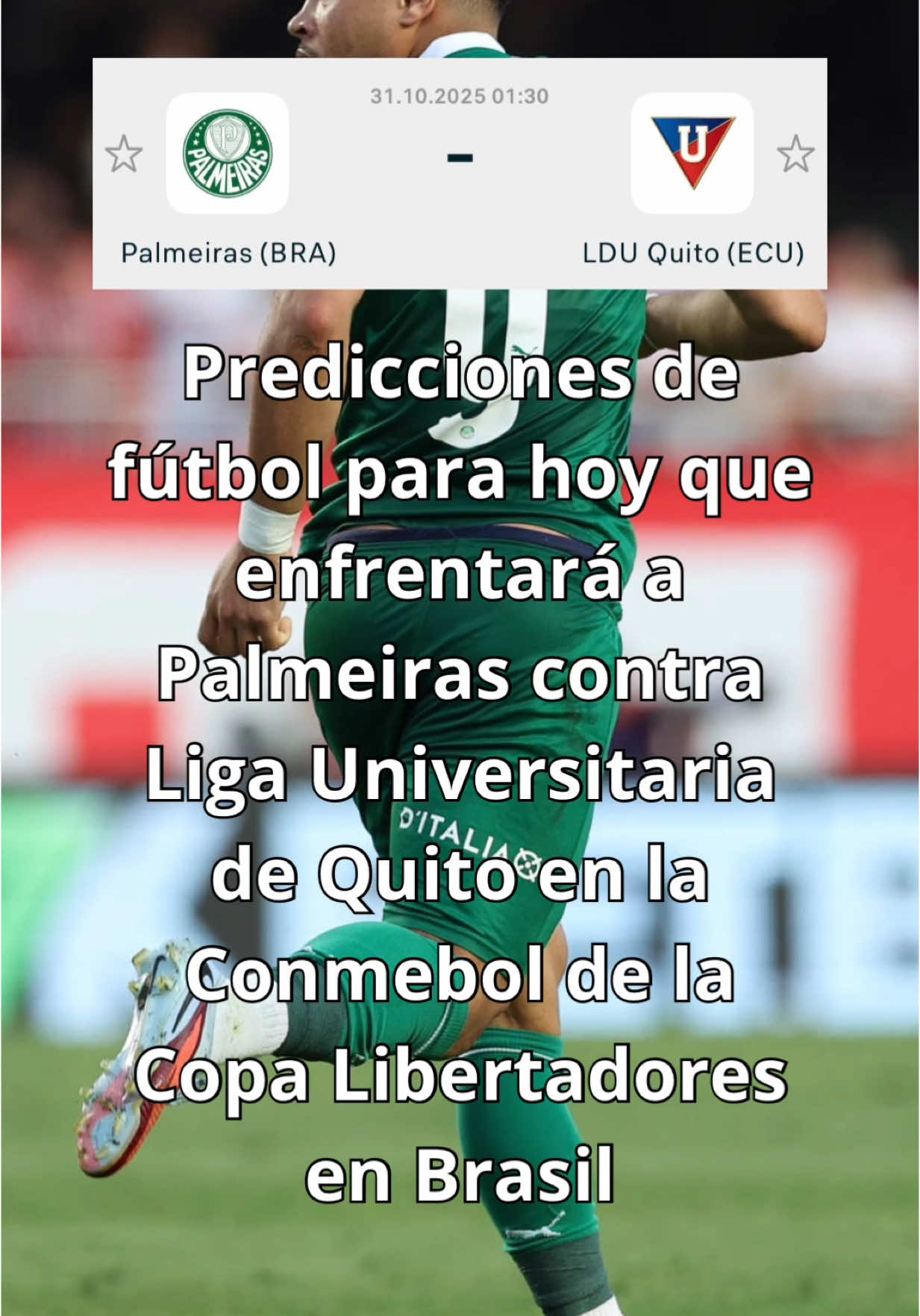Predicciones de fútbol hoy para el partido que enfrenta Palmeiras contra Liga Deportiva Universitaria de Quito en la Conmebol de la Copa Libertadores en Brasil ⚽️🇧🇷 #parati #TikTokDeportes #futbol #futebol #futbol⚽️ #conmebol #libertadores #copalibertadores #palmeiras #vitorroque #verdao #ligadequito #quito #lduquito #futbolecuatoriano #futebolbrasileiro #sepalmeiras #campeão #saopaulo #sãopaulo 