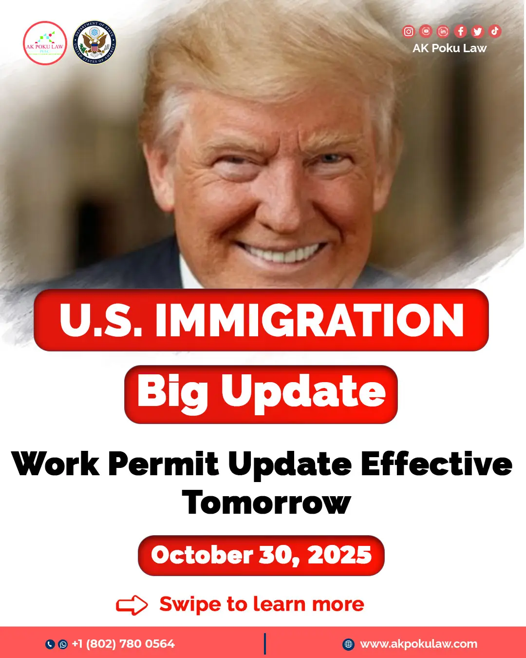 Starting tomorrow, October 30, 2025, DHS will end automatic extensions of work permits (EADs) for most categories. If your work permit is expiring soon, contact AK Poku Law now. We can help you. ✅Swipe to learn more. ****** If you need help or guidance with any U.S. immigration matters, especially with these major changes, please don't hesitate to reach out. We're always ready to assist you. akpokulaw.com/consult/ ☎️☎️+1 (802) 780 0564☎️☎️ 🌍: www.akpokulaw.com 📨: hello@akpokulaw.com Post by Diana From the AK Poku Law Team #akpoku #akpokulaw #ImmigrationUpdate #WorkPermitAlert #EADUpdate 