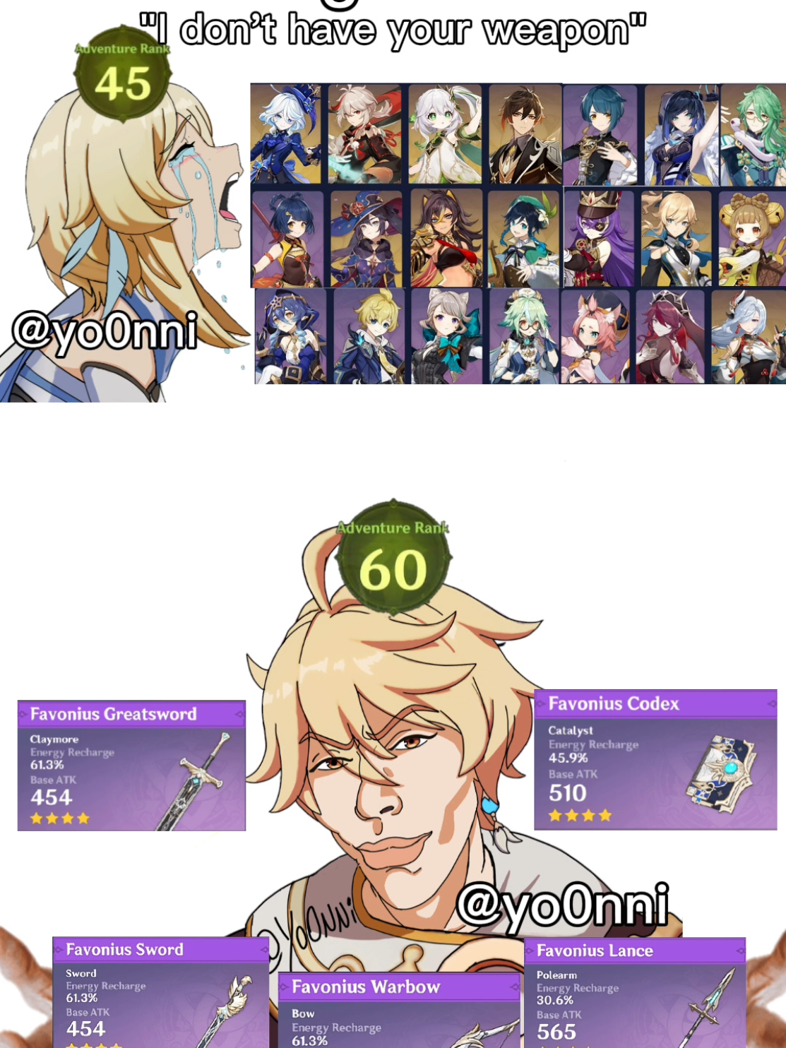 Las mejores armas. Favonius y para el abismo  #GenshinImpact #genshinmemes #aether #lumine #furina 