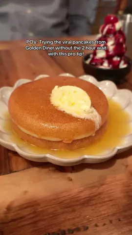 Finally trying the viral Golden Diner honey butter pancakes without the 2 hour wait using this pro tip! And they’re SOOO worth the hype 🤤 #pancakes #honeybutter #dessert #sweets #fluffypancakes 