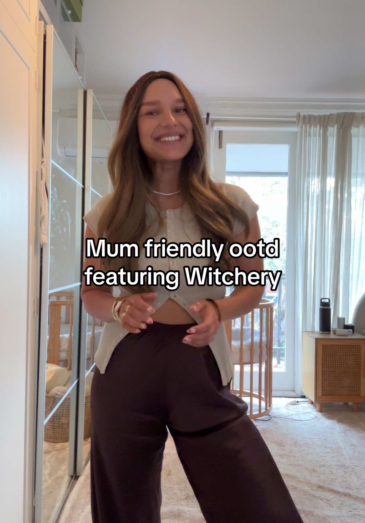 Another mum friendly postpartum outfit suitable for a breastfeeding mother. Featuring the stunning bias cut pants from @Witchery and my everyday staple @itsmilklabel leak proof bralette. #mumstyle #OOTD #chocolatebrownoutfit #fitcheck #postpartumfashion 