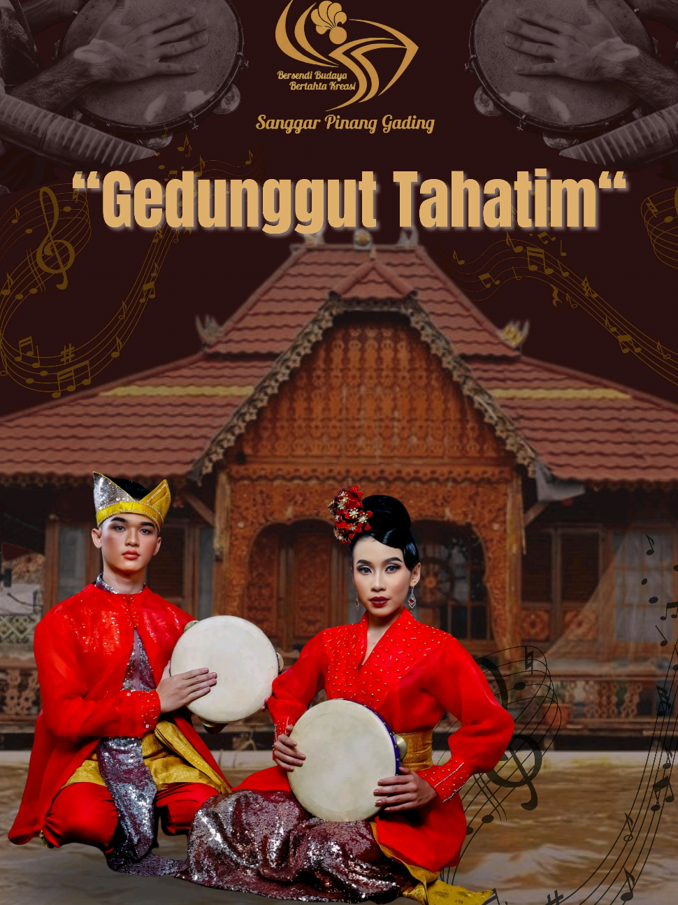Gedunggut Tahatim adalah tarian sakral nan syahdu yang terinspirasi dari Hadrah Gendang Empat. Sebuah seni musik tradisional yang berkembang di bagian selatan ujung timur Pulau Belitung. Tarian ini lahir dari denyut kehidupan masyarakat Belitung Timur, menjadi jejak budaya yang masih lestari dan hidup dalam setiap prosesi adat pernikahan. Mengangkat nilai-nilai religius dan kearifan lokal, Gedunggut Tahatim bukan sekadar pertunjukan, melainkan doa yang ditarikan. Ia menggambarkan iringan arak pengantin menuju pelaminan dan mengiringi momen sakral saat pengantin menduduki singgasana suci pernikahan. Gerakan bersimpuh yang tertuang dalam tarian ini bukan hanya simbol penghormatan, tetapi juga penghambaan dan ketundukan pada nilai-nilai luhur yang dijunjung tinggi oleh masyarakat Belitung. Dengan iringan tabuh gendang empat yang khas dan penuh makna, tarian ini memancarkan rasa syukur. Melalui Gedunggut Tahatim, masyarakat Belitung Timur terus merawat identitas, menjahit nilai-nilai warisan menjadi gerak, irama, dan laku hidup yang tak lekang oleh waktu. penata tari : Leonardo penata Musik : David Oktafandi S
