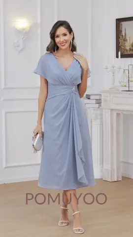 Dusty blue ruched v neck midi chiffon dress #chiffondress👗 #formaldress #mobdresses #momdress #bluewedding💙 