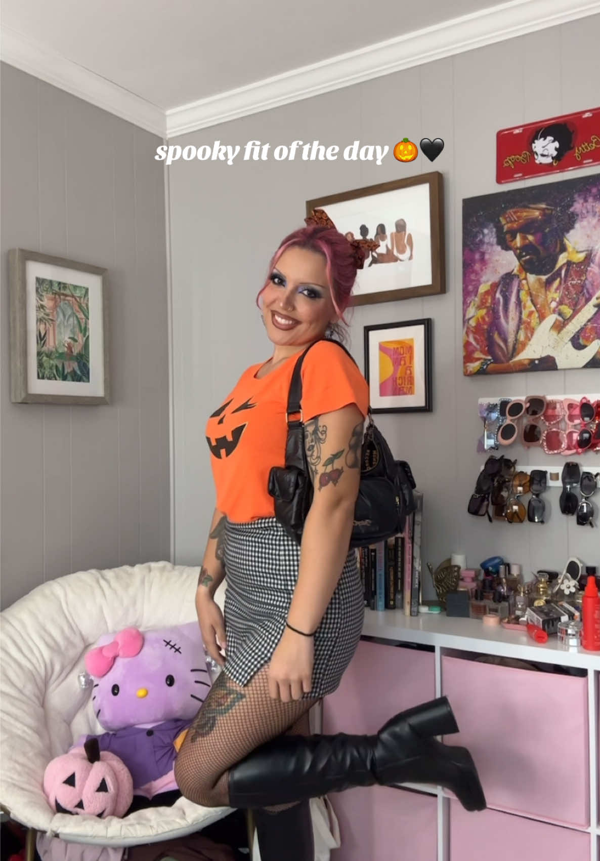 a 2-in-1 fit cause it’s chilly out 🖤 #fallfashion #halloween #OOTD #ootdfashion #outfitinspo  skirt @Ross Dress for Less  tights @Temu  boots @Kohl’s  purse @Juicy Couture  shirt/sweater/earrings thrifted