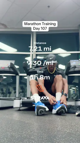 Indoors today.  1️⃣ Warm-Up (10–15 min) 	•	5 min brisk walk → 5–10 min easy jog (HR ≤130 bpm) 	•	Mobility: 	•	10x leg swings each side 	•	10x walking lunges 	•	10x glute bridges 	•	30s plank hold ⸻ 2️⃣ Main Run (45–50 min) 	•	Pace: 8:15–8:45/mi 	•	HR Target: 130–145 bpm (mid-Zone 2) 	•	Keep breathing fully nasal for first 15 min to control effort. 	•	Focus: smooth stride, tall posture, relaxed arms. ⸻ 3️⃣ Strides (6×20 seconds) 	•	Effort: 5K pace (~5:40–5:50/mi) 	•	Walk 40–60 seconds between each. 	•	Cue: “quick, light, controlled.” ⸻ 4️⃣ Cool Down (5–10 min) 	•	0.5–1 mile easy jog + 3–5 min walk 	•	Light hamstring and hip stretches #marathontraining #runtok #Running #treadmillworkout #treadmill 