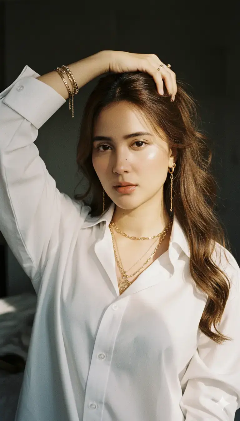 Edit gambar yang diunggah ini hiper realistis 100% menggunakan referensi wajah tanpa mengubah detail wajah, menggunakan wajah ini tanpa meningkatkan atau mengubahnya dengan cara apa pun. Potret yang jelas (100% wajah, tidak ada pengeditan) gadis dengan rambut panjang bergelombang coklat, sementara satu tangan memegang kamera, tangan lainnya terangkat untuk mengikat rambutnya, mengenakan kemeja kebesaran berwarna putih. Wajah: Fokus pada fitur tajam, menatap lurus dengan kilatan langsung, kejernihan tinggi tanpa blur. Mata memandang kamera, pose menawan, seksi, sedikit santai. Latar belakang: Ruang kamar yang nyaman dengan sinar matahari pagi menyinari wajah karakter. Perhiasan: Kalung: rantai emas dengan liontin kombinasi, gelang: gelang manik-manik dan emas tumpang tindih dengan pergelangan tangan, anting-anting: anting-anting emas dan cincin emas kecil di jari dan jari telunjuk, membuat jari terlihat melengkung, panjang dan ramping. Berikan efek cahaya langsung dari flash ke kamera, gaya highlight yang kuat, bayangan hitam tebal di latar belakang. Film sketsa lapisan analog, estetika instan 2000-an, tekstur sedang, tidak ada perubahan pada wajah lama dan menjaga riasan lama, tingkat restorasi kulit wajah harus 100%. Gaya & Kualitas: Tekstur sutra ultra-detail, sulaman rumit, gaya fotografi editorial mode tinggi, HDR, 8K, pemotretan busana profesional. Harap tiru ekspresi wajah kami persis seperti pada gambar asli - jangan ubah wajah. Buat gambar akhir terlihat realistis