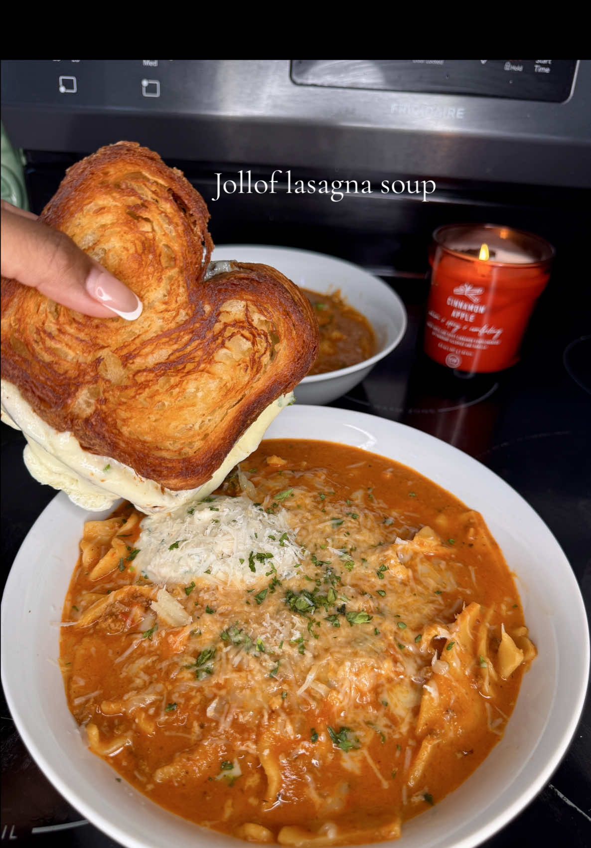 African flavors just entered the soup chat.🙌🏽 Jollof lasagna soup🔥 If you ever had Jollof spaghetti then you know this will HIT! 😮‍💨 Thank you @callmecandace.tv  for the croissant bread gem💎🙌🏽 Ingredients: 6 medium tomatoes  1 red bell pepper 4-5 garlic cloves 1 red onion  Ground turkey  2 tbsps, palm oil Lasagna sheets  5-6 cups, beef broth Rosemary,sage & thyme  Basil  1 cup, heavy cream  Seasonings: 2 1/2 T, Suya blend  2 t, Sazon seasoning  1/2 tsp, no salt Creole  1 T, onion powder  2 t, all-purpose seasoning  1/2 tsp, curry powder  1 knorr/maggi cube Salt and pepper to taste  Ricotta cheese blend: 1/2 cup, ricotta cheese 1 t, parsley  1/4 cup, mozzarella cheese  3 T, parmesan cheese 1/8 t, chili flakes 1/4 cup, tomato-based Sofrito or 3 T, tomato paste  #soup #fallrecipes #fyp #cookwithme #cookingtiktok  