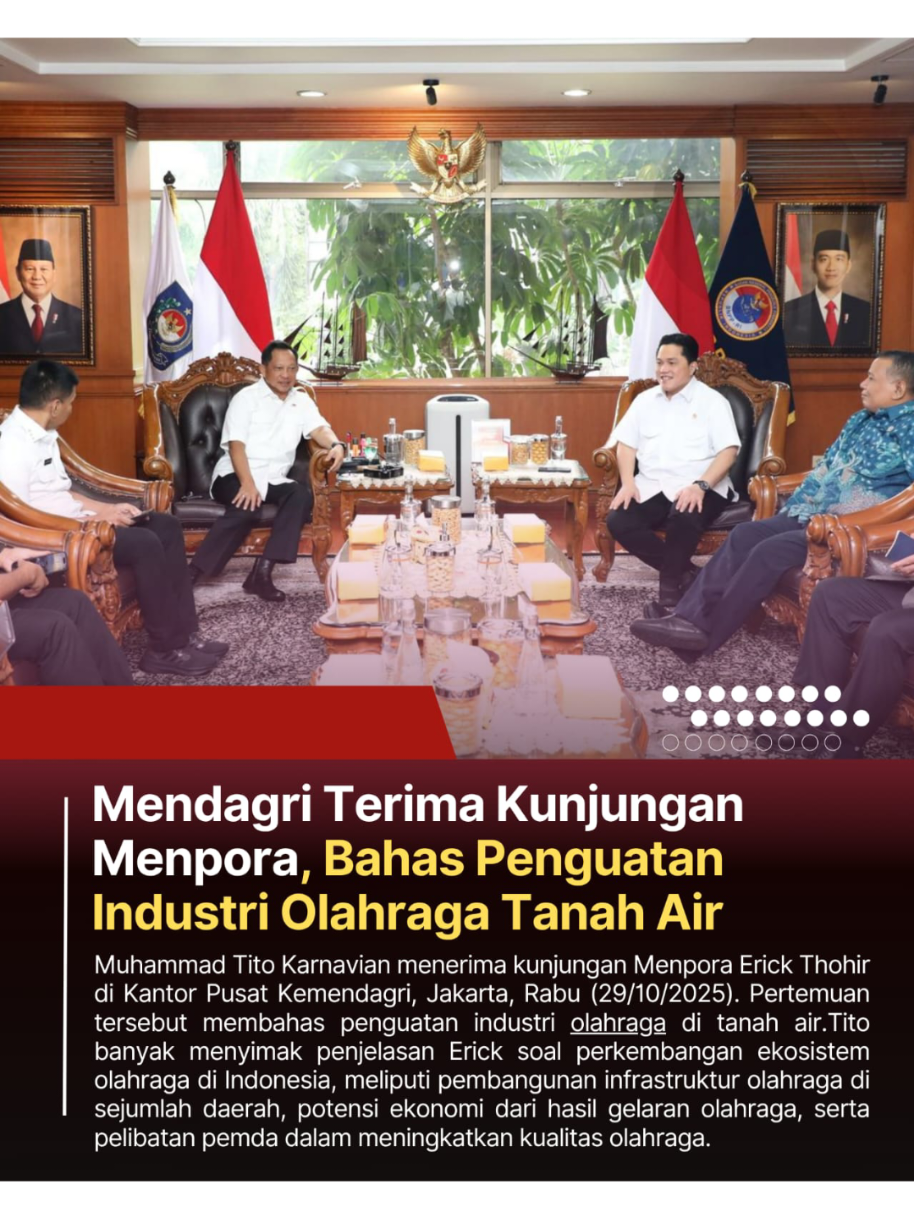 Menteri Dalam Negeri (Mendagri) Muhammad Tito Karnavian menerima kunjungan Menteri Pemuda dan Olahraga (Menpora) Erick Thohir di Kantor Pusat Kementerian Dalam Negeri (Kemendagri), Jakarta, Rabu (29/10/2025). Pertemuan tersebut membahas penguatan industri olahraga di Tanah Air. #fypシ゚ #timnas 