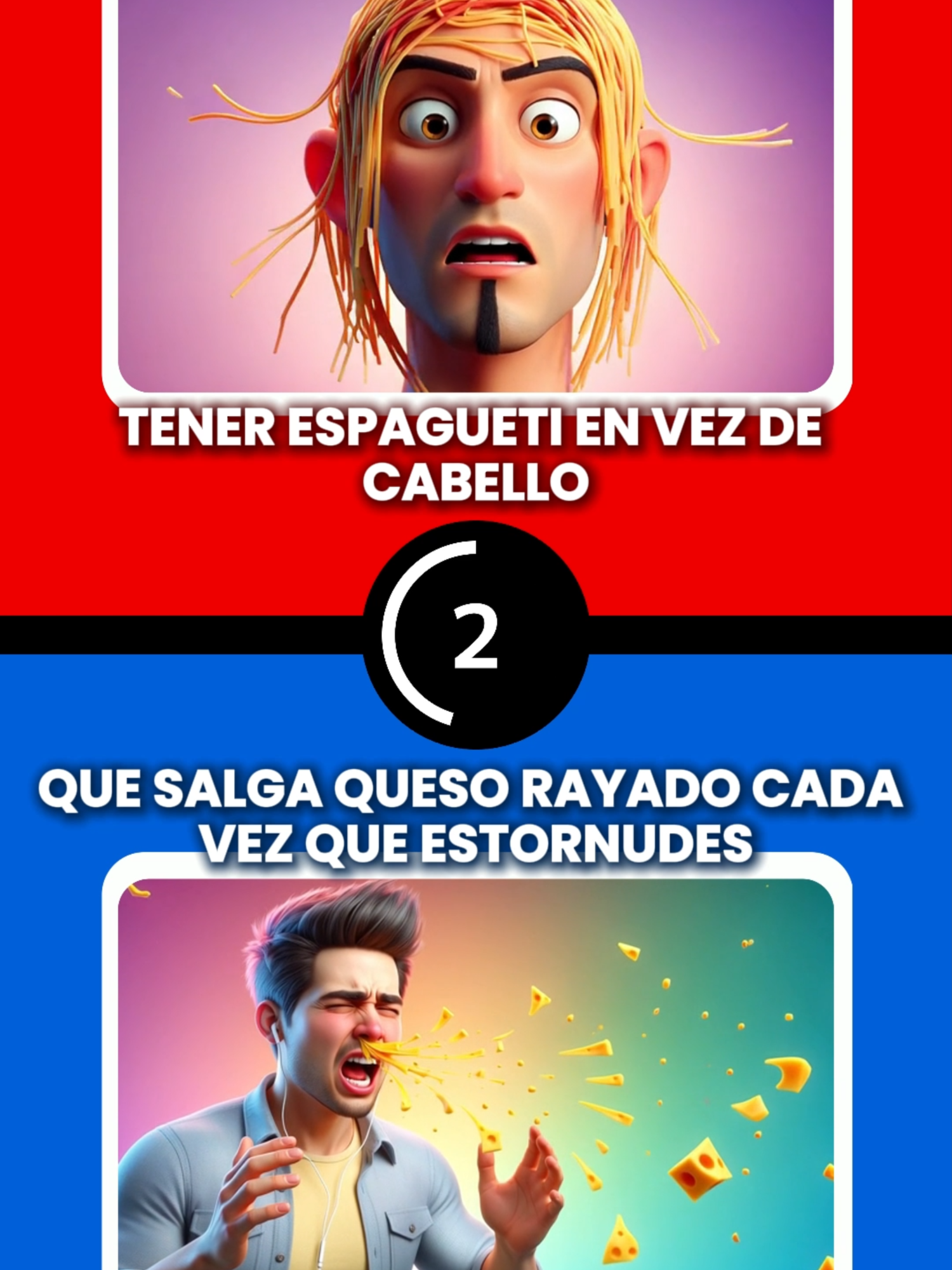 QUE PREFIERES tener espagueti en vez de cabello que salga queso rayado cada vez que estornudes #queprefieres #queprefieresoficial #cualprefieres #qprefieres #trivia #preguntasyrespuestas #quiz #preguntas #triviador