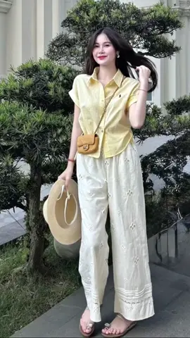 Set Áo Sơ Mi Kẻ Rúm Hông Mix Quần Suông Hoa Ren Thêu Nối Cho Nữ #setdoxinh #setdonu #xuhuong 