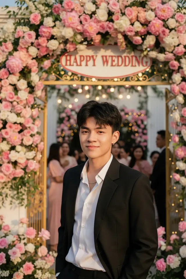 tải Gemini và nhập câu lệnh kèm ảnh khuôn mặt: Use the uploaded face as exact reference — keep his real facial structure and details perfectly. A handsome young Vietnamese man is standing casually in front of a beautiful wedding gate decorated with pink and white flowers, with a golden-red “Happy Wedding” sign above the arch. He’s smiling softly, looking slightly toward the camera — natural, confident, and gentle. Outfit: black suit, white shirt slightly open collar, neat hairstyle. Lighting: warm daylight or golden sunset tone, cinematic soft bokeh in the background. Background: wedding guests blurred, floral arch glowing softly, romantic atmosphere. Mood: peaceful, elegant, real photo look, like a candid moment at a wedding entrance. Composition: 3/4 body, 9:16 vertical frame, shallow depth of field, hyper-realistic skin and light texture. --ar 9:16 --v 6 --style raw --q 2 --s 750#prompt #gemini #happywedding #wedding #damcuoi 