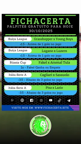 Palpites de FUTEBOL para HOJÉ 30/10/#2025 ---------------- Seja bem-vindo a maior comunidade. ---------------- Hashtags Add: #fichacerta #grasshopper #youngboys #lugano #luzern #fakel #arsenaltula #cagliari #sassuolo #pisa #lazio #superliga #seriea #futebol #palpites #viral