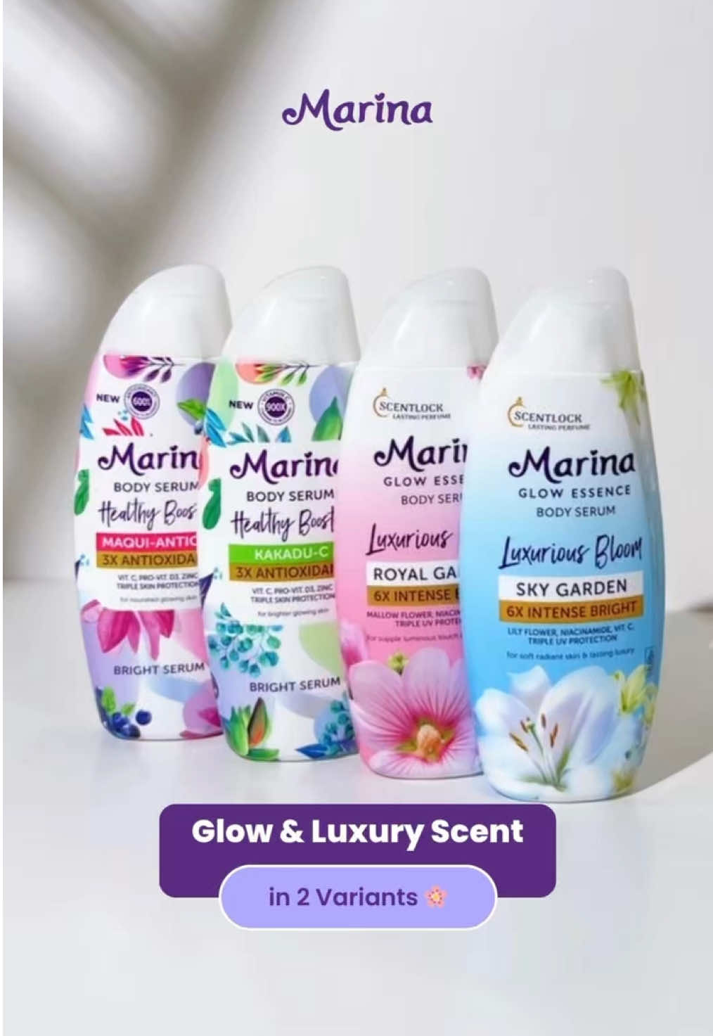 Kalian tau Marina Body Serum Maqui & Kakadu ini?
 Sekarang ada yang baru! Marina Glow Essence Luxurious Bloom!
 Floral elegan vibe? 🌸 Royal Garden or Sky Garden?
 Kenapa harus pilih… kalau bisa punya semua 😍
 #SemakinBersinar
 #Marina