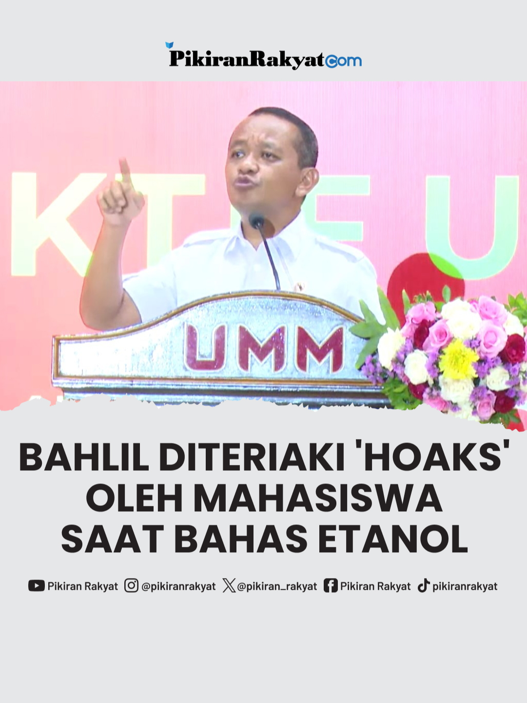 Menteri Energi dan Sumber Daya Mineral (ESDM) Bahlil Lahadalia diteriaki hoaks oleh mahasiswa saat membahas soal etanol dalam acara Pembukaan Tanwir XXXIII Ikatan Mahasiswa Muhammadiyah (IMM) Universitas Muhammadiyah Malang (UMM), Rabu, 29 Oktober 2025. . Dalam penjelasannya, Bahlil mengatakan bahwa etanol merupakan energi bersih yang bertujuan untuk menurunkan emisi. Etanol pun menurutnya berasal dari tebu, jagung dan singkong. . Bahlil pun membantah narasi-narasi yang mengatakan bahwa etanol sebagai campuran bahan bakar minyak (BBM) dapat merusak mesin kendaraan. . 