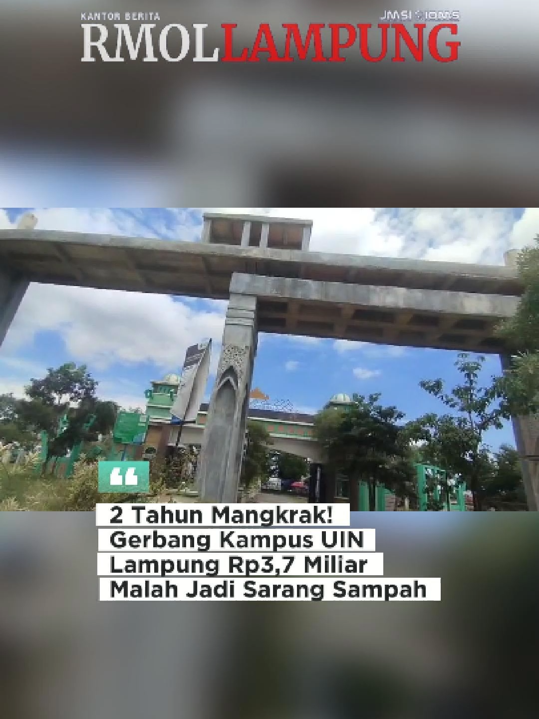 Gerbang Baru UIN Raden Intan Mangkrak, Telan Anggaran Rp3,7 Miliar. Bangunan setengah jadi berdiri di samping kiri gedung ballroom Kampus Universitas Islam Negeri (UIN) Raden Intan Lampung, Jalan Endro Suratmin, Sukarame, Bandar Lampung.  Bangunan itu merupakan proyek pembangunan gerbang baru kampus atau gapura yang menelan anggaran negara mencapai Rp3,7 miliar dari APBN tahun 2024. Namun hingga kini, proyek itu tidak berjalan alias mangkrak. Baca berita selengkapnya di https://www.rmollampung.id/gerbang-baru-uin-raden-intan-mangkrak-telan-anggaran-rp37-miliar #lampung #bandarlampung #uinradenintanlampung
