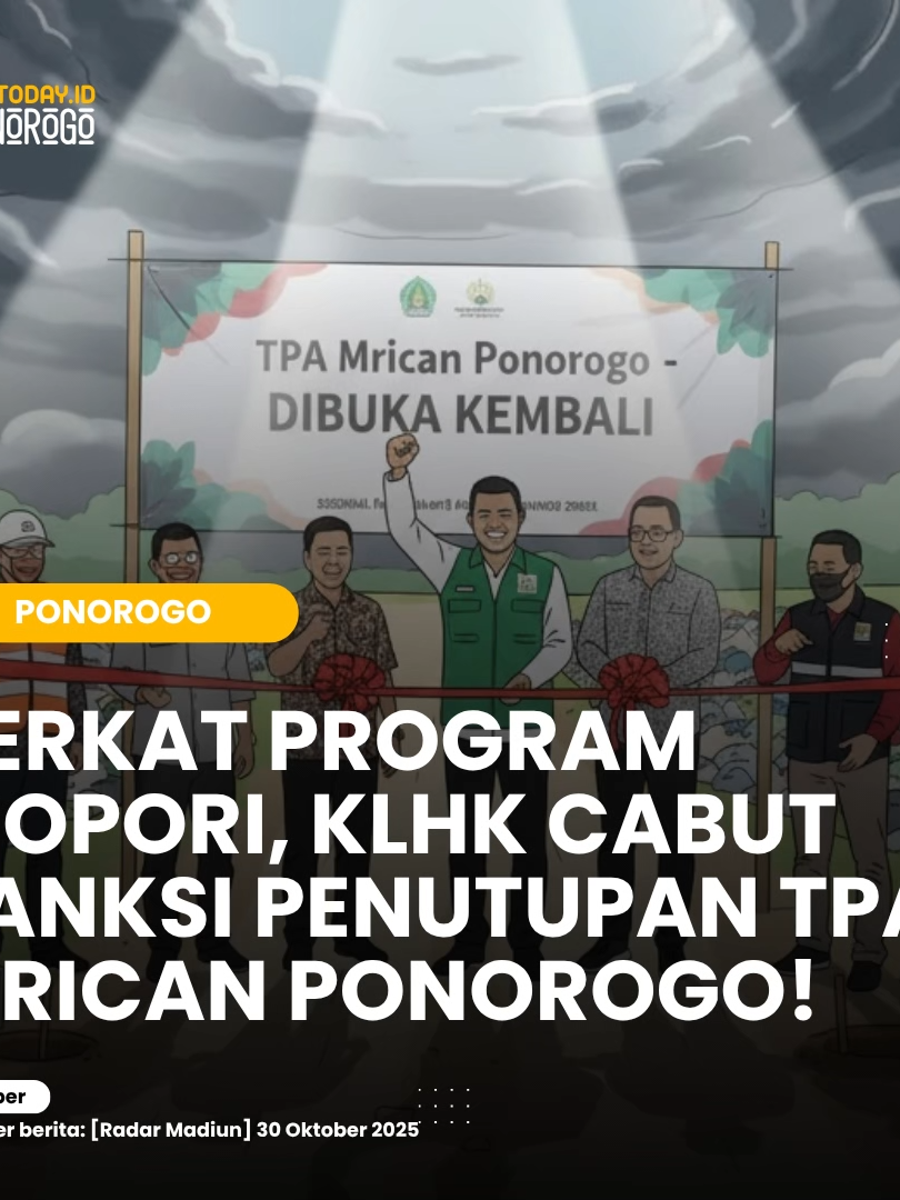 Berkat Program Biopori, KLHK Cabut Sanksi Penutupan TPA Mrican Ponorogo! Kabar gembira datang dari Ponorogo! Kementerian Lingkungan Hidup dan Kehutanan (KLHK) resmi *mencabut sanksi penutupan Tempat Pembuangan Akhir (TPA) Mrican* setelah Pemkab Ponorogo dinilai berhasil melakukan perbaikan dan inovasi pengelolaan sampah, salah satunya lewat program biopori. Sebelumnya, TPA Mrican sempat terancam ditutup karena dinilai tidak memenuhi standar pengelolaan lingkungan. Namun, berkat langkah cepat dari Dinas Lingkungan Hidup (DLH) Ponorogo, sejumlah perubahan signifikan dilakukan untuk memperbaiki sistem pengelolaan sampah agar lebih ramah lingkungan. Salah satu inovasi yang mendapat apresiasi adalah pembuatan lubang biopori di sekitar area TPA, yang berfungsi memperlancar penyerapan air dan mengurangi bau tidak sedap. Selain itu, DLH juga menerapkan sistem pemilahan sampah, penataan drainase, serta pengelolaan air lindi agar tidak mencemari lingkungan sekitar. Kepala DLH Ponorogo, Suharyanto, menjelaskan bahwa setelah dilakukan evaluasi oleh tim KLHK, TPA Mrican dinyatakan mengalami peningkatan signifikan dalam aspek teknis dan manajerial. “Kami bersyukur sanksi dicabut. Artinya, Ponorogo dipercaya mampu mengelola sampah dengan lebih baik,” ujarnya. Pencabutan sanksi ini menjadi bukti nyata bahwa komitmen pemerintah daerah dalam pengelolaan lingkungan bisa membuahkan hasil positif. Kini, DLH berencana melanjutkan inovasi lain seperti perluasan area kompos, optimalisasi bank sampah, dan penguatan peran masyarakat dalam memilah sampah dari rumah. Dengan langkah ini, Ponorogo diharapkan bisa menjadi contoh bagi daerah lain dalam mengembangkan pengelolaan TPA berkelanjutan yang tidak hanya fungsional, tapi juga ramah lingkungan. 🌱 📍 Sumber : radar madiun #PengelolaanSampah #TPAMrican #Biopori #BeritaPonorogo #ponorogotoday #ponorogoupdate #ponorogo24jam #fyp