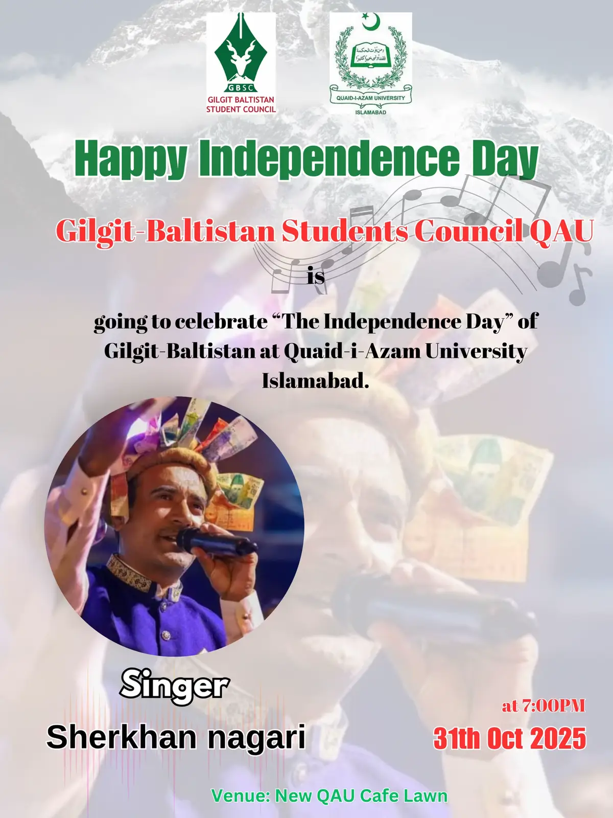 We are delighted to welcome Sher Khan Nagari, the renowned and legendary singer of Gilgit-Baltistan, whose soulful voice beautifully captures the essence of our rich culture and traditions. His melodious songs carry the warmth of our heritage and take us back to the nostalgic old vibes that connect every GBian to their roots. For years, Sher Khan Nagari has been a proud voice of Gilgit-Baltistan, inspiring generations through his music, passion, and deep love for the land. The Gilgit-Baltistan Students Council (GBSC) proudly welcomes him to the Independence Day celebration of Gilgit-Baltistan at Quaid-i-Azam University, Islamabad. His presence will add charm, energy, and cultural spirit to the event. We are truly honored to have him with us, and we look forward to being mesmerized by his soulful performance that will make this celebration even more special and memorable. #longlivegbsc🚩  #reels #qau @Sher khan nagari  #sherkhannagri 