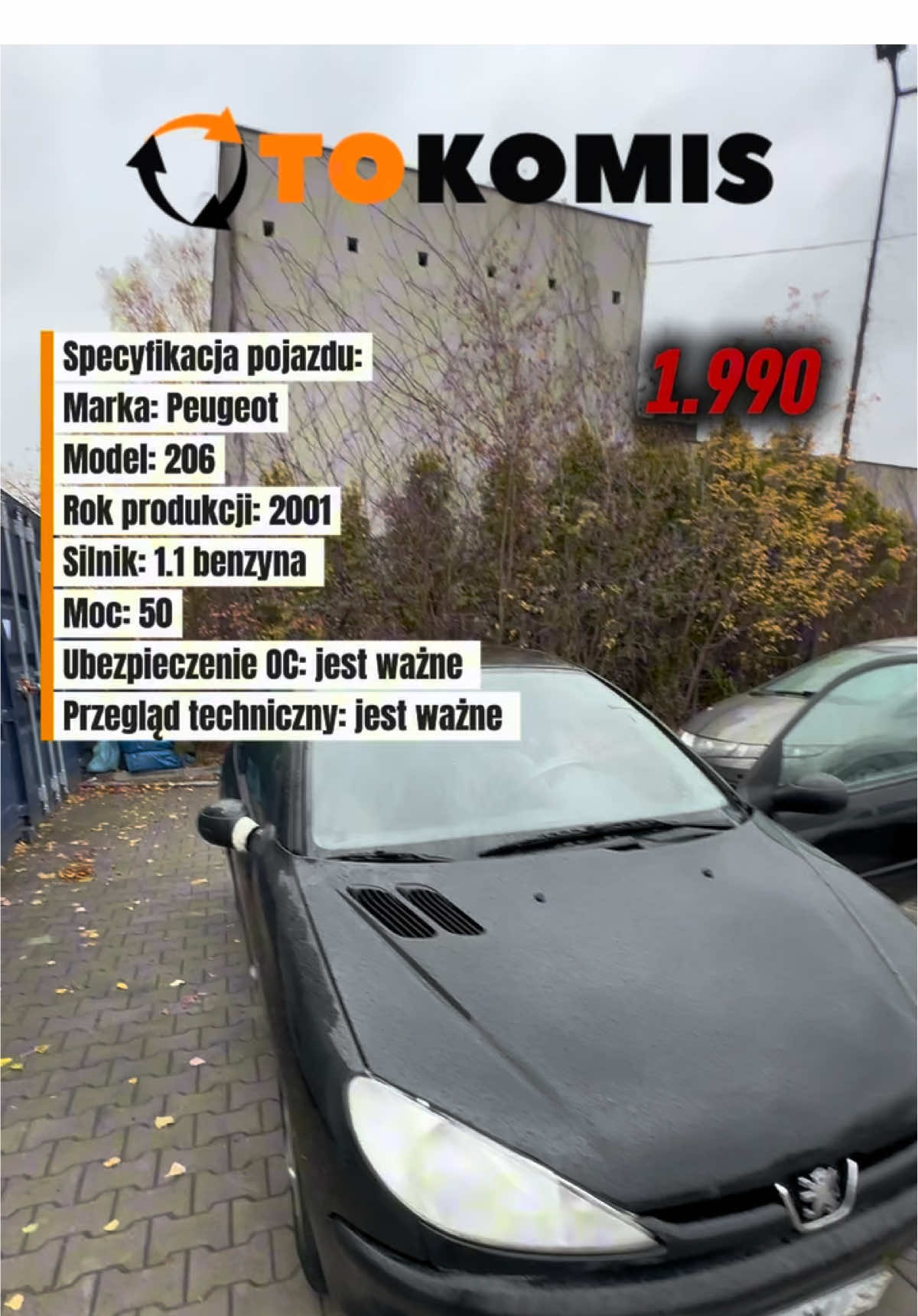 ❗️Peugeot 206, 2001 rok 1.1B– Otokomis! Gwarancji! Zapraszamy do OTOKOMIS-Oferujemy szeroki wybór starannie wyselekcjonowanych samochodów. Specyfikacja pojazdu: Marka: Peugeot Model: 206 Rok produkcji: 2001 Silnik: 1.1 benzyna  Moc: 50 Ubezpieczenie OC: jest ważne  Przegląd techniczny: jest ważne  Dlaczego warto wybrać ten samochód? Bardzo mały przebieg 213 tysięcy  Zwinny samochód, idealnie nadaje się do miasta. Silnik suchy ma moc ładnie zbiera się . Zawieszenie nie wybite. Jak na ten model ładny stan wizualny, zdrowy progi i podłoga. Wyposażenie: alufelgi, ABS, radio CD, centralny zamek, wspomaganie kierownicy Godziny otwarcia: Poniedziałek – Sobota: 10:00 – 20:00 Niedziela: 11:00 – 16:00 Lokalizacja: Nasz plac znajduje się na parkingu centrum handlowego Lopuszańska 22. Kontakt: Zadzwoń pod numer 518xx168xx153 i umów się na jazdę próbną! Zapraszamy!