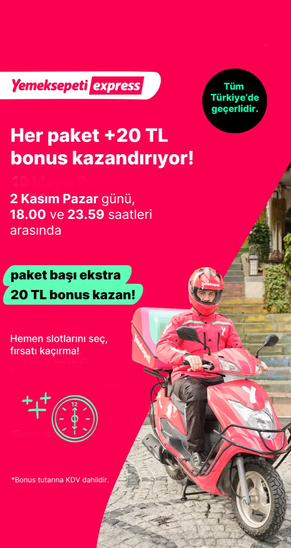 Tüm Türkiye’de geçerli paket paşına +20₺ bonus fırsatı seni bekliyor!! 💸 Hemen şimdi slotunu seç, 18:00-23:59 saatleri arasındaki ekstra bonus fırsatını kaçırma! 📢💝 #yemeksepeti #yemeksepetiexpress #kurye #bonus #kampanya 