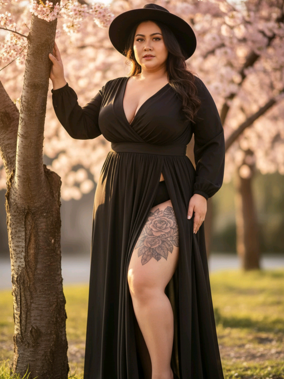 Prompt Ai wanita berpose anggun di taman musim semi yang sedang mekar Buatkan gambar hyper-realistic, wajahnya sama persis dengan foto referensi (100% tanpa perubahan pada wajah, mata, struktur wajah, alis, hidung, bibir dan juga jangan merubah bentuk badan) Seorang wanita cantik berpose anggun di taman musim semi yang sedang mekar, dipenuhi bunga sakura merah muda. Ia mengenakan Gaun: Panjang berwarna hitam dengan bahan lembut dan jatuh, memiliki belahan tinggi di sisi kaki kanan yang memperlihatkan tato paha yang detail. Bagian atas gaun memiliki potongan leher V dalam (deep V-neck) yang menonjolkan area dada dengan elegan. Lengan: Panjang, menutup hingga pergelangan tangan, memberikan keseimbangan antara kesan sensual dan anggun. High heels hitam Rambutnya yang panjang dan bergelombang tergerai di bahu, dan ia mengenakan topi hitam bertepi lebar. Pose: Satu tangan bertumpu pada batang pohon untuk menjaga keseimbangan. Tubuhnya sedikit dimiringkan ke belakang dengan dada terbuka dan kepala menatap ke depan, memberikan kesan percaya diri dan elegan. Kaki kanan sedikit ditekuk dan keluar dari belahan gaun, menonjolkan tato di paha. Ekspresinya lembut namun kuat, dengan tatapan mata ke kamera.  Sinar matahari keemasan yang hangat menembus pepohonan, menciptakan kilau lembut dan romantis di kulitnya. Ia menatap ke depan dengan ekspresi tenang dan percaya diri, memadukan keanggunan dan kekuatan. Gaya fotografi realistis, resolusi tinggi, pencahayaan sinematik, dan kedalaman bidang yang dangkal, 8K, fokus tajam, detail tajam. #fashion #fyp #fyppppppppppppppppppppppp #fypシ゚ #fypage 