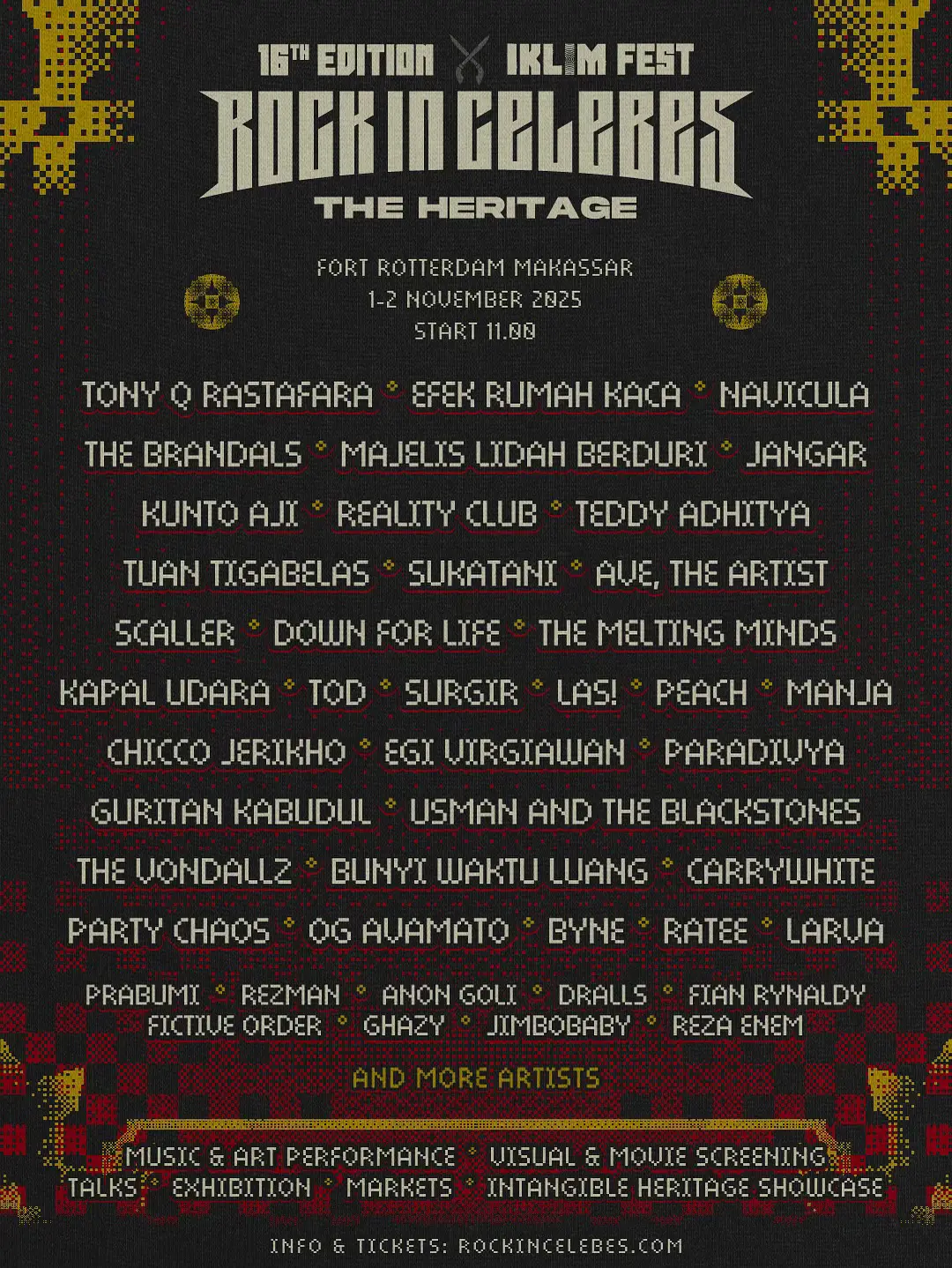 Partisipasi penuh! 16TH ROCK IN CELEBES IKLIM FEST 1-2 November 2025, mulai pukul 11.00 di Fort Rotterdam Makassar. Bersama @musicdeclares_indonesia dan mitra program serta dukungan dari berbagai pihak, kami menghadirkan puluhan artis, musisi/band, dan penampil yang hadir simultan selama 2 hari penuh dengan berbagai program dan aktivitas; pertunjukan musik dan seni, talkshow, pemutaran film, pameran, pasar kuliner dan komunitas hingga pertunjukan warisan budaya, serta kesadaran ramah lingkungan!  Mari datang terlibat aktif dalam interaksi bermakna melalui berbagai aktivitas dan program yang berfokus pada isu lingkungan, serta merasakan pengalaman berfestival yang lebih dari sekadar perayaan; sentuhan halus setiap nada teraktualisasi dengan menyadarkan setiap insan bahwa tidak ada musik di planet yang mati! Bagi yang belum memiliki tiket masih tersedia dengan kapasitas terbatas, silahkan akses di rockincelebes.com (klik link di bio) atau melalui ticketbox di @chmbrs #chambersshop. #rockincelebes #rockincelebes2025 