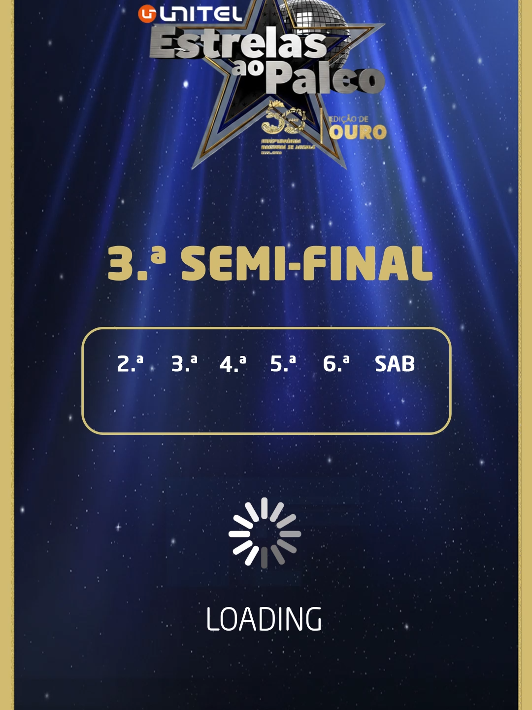 3.ª e última semi-final do Unitel Estrelas ao Palco a carregar… E o maior espectáculo da sua TV volta a brilhar neste sábado, às 21h, no @zapviva_oficial! 🌟 Sobem ao palco: 🎙️ Nelson França (Chris Brown) 🎙️ Ivan Dangala (Paulo Flores) 🎙️ Eazy Brain (Eminem) 🎙️ Erry Jotta (C4 Pedro) 🎙️ Victor Singer (Ed Sheeran) 🎙️ Isabel António (Nair Nany) Qual é o seu concorrente favorito? 🤩 As votações estão abertas! #ZAPMinhaTV #ZAPFibra #ZAPViva #UnitelEstrelasAoPalco #EdicaoDeOuro