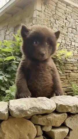 這隻毛茸茸的“小煤球”站在石牆上，一臉懵懂地斜眼瞥人，像極了被喊去寫作業時的你，內心OS：別盯我，我只是隻來串門的小熊熊啦！