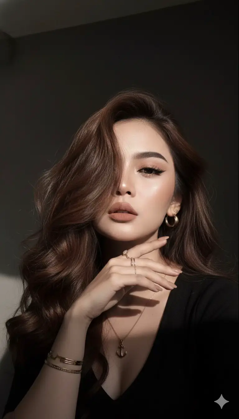 Prompt :  Edit foto yang diunggah hiper-realistis 100% Gunakan foto saya untuk membuat potret tanpa mengubah detail apa pun dengan rambut hitam panjang, bergelombang, chic, lurus, dengan volume dan kelonggaran yang disengaja, memungkinkan beberapa helai jatuh dengan elegan di atas wajah, menyukai satu mata dan meningkatkan pesonanya. Matanya sangat dibuat dengan alis, eyeliner, dan maskara yang tegas, menciptakan tampilan yang kuat dan langsung yang terhubung dengan pemirsa. Dengan pose elegan cantik seksi, bibir kecilnya adalah titik fokus, dihiasi dengan warna nude pink  yang intens. Kulitnya alami dengan fitur di foto, dengan kontur halus dan iluminator yang mendefinisikan kontur wajahnya di bawah pencahayaan yang intens. Detail yang luar biasa adalah salah satu tangannya, diposisikan dengan elegan dekat dengan wajahnya, membingkainya. Kukunya yang sedang dan nada telanjangnya, dengan beberapa cincin dan gelang emas menciptakan kontras yang mewah dan mencolok. Dia memakai perhiasan emas yang halus, termasuk anting-anting cincin sederhana dan kalung liontin jangkar, yang menambahkan sentuhan kecanggihan bersahaja pada penampilannya. Pakaiannya sederhana, atasan gelap, mungkin hitam, yang tidak akan mengalihkan perhatian dari wajah dan tangannya. Tampilannya dramatis dan kontras tinggi, menekankan kontur wajahnya dan tekstur rambutnya. Tampaknya menjadi satu sumber cahaya yang kuat di satu sisi, menciptakan bayangan yang dalam dan sorotan cerah, meningkatkan keseluruhan suasana hati yang kuat dan menawan dari potret tersebut. Latar belakangnya gelap, netral, dan terorganisir, memastikan wanita itu tetap menjadi fokus gambar yang tak terbantahkan. Secara keseluruhan, gambar ini menyajikan potret yang menawan dan elegan, dengan sikap percaya diri namun sedikit menggoda, bergaya, dan dramatis. #tiktoktrending #prompt #geminiai #likefollow #lemon8 