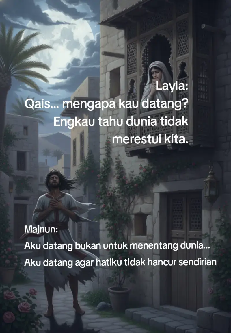 Dalam kisahnya, keluarga Layla pernah diam-diam mempertemukan mereka, berharap Layla akan melupakan Qais. Namun cinta yang suci tidak mengenal lupa, hanya menambah luka yang tidak bisa disembuhkan dunia. Majnun tidak datang untuk melawan takdir, tetapi untuk menjaga hatinya agar tidak runtuh sendirian. Ia menerima kegilaannya, karena waras tanpa Layla adalah kehampaan. Dan ketika mereka akhirnya berpisah, Majnun tidak kehilangan apa pun… sebab cintanya telah menjadi jalan menuju Tuhan, bukan hanya menuju Layla. #LaylaMajnun #KisahSufi #CintaSejati #Nizami #cintasuci❤ 