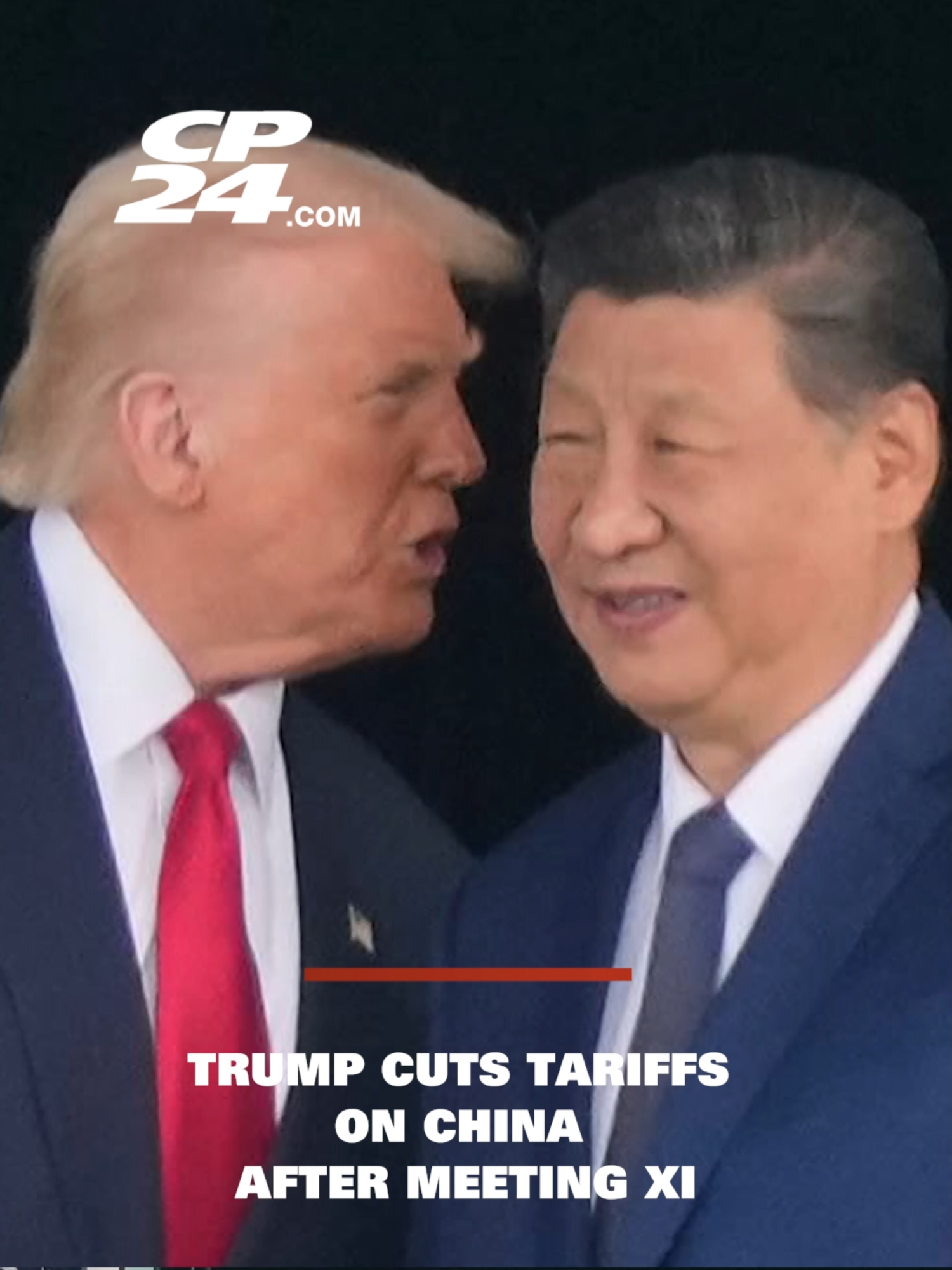 U.S. President Donald Trump described his face-to-face with Chinese leader Xi Jinping on Thursday as a roaring success, saying he would cut tariffs on China, while Beijing had agreed to allow the export of rare earth elements and start buying American soybeans. The president told reporters aboard Air Force One that the U.S. would lower tariffs implemented earlier this year as punishment on China for its selling of chemicals used to make fentanyl from 20 per cent to 10 per cent. That brings the total combined tariff rate on China down from 57 per cent to 47 per cent. “I guess on the scale from 0 to 10, with ten being the best, I would say the meeting was a 12,” Trump said. “I think it was a 12.” Trump said that he would go to China in April and Xi would come to the U.S. “some time after that.” The president said they also discussed the export of more advanced computer chips to China, saying that Nvidia would be in talks with Chinese officials. Trump said he could sign a trade deal with China “pretty soon.” “We have not too many major stumbling blocks,” Trump said.#cp24 #cp24news #usa #trump