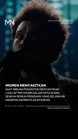 Saat @theweeknd tampil di SoFi Stadium, Los Angeles, dalam rangka tur After Hours til Dawn, ada satu momen yang benar-benar meninggalkan kesan mendalam: ketika lagu “After Hours” dibawakan di tengah lautan penonton yang bernyanyi bersama dalam satu suara. Bagi banyak orang yang hadir malam itu, momen tersebut bukan sekadar bagian dari konser megah The Weeknd.. tapi seperti ruang bersama untuk melepaskan emosi yang selama ini disimpan. Suasana stadion berubah drastis ketika intro After Hours mulai terdengar. Lampu merah menyala di seluruh arena, menciptakan atmosfer yang intens dan suram, khas era After Hours yang menggambarkan kesepian dan rasa bersalah. Ketika Abel menyanyikan baris “Where are you now when I need you most?”, kamera menyorot ribuan wajah di antara penonton yang ikut bernyanyi dengan mata berkaca-kaca. Di momen itu, jelas terlihat: After Hours bukan hanya lagu cinta, tapi cermin dari banyak cerita kehilangan yang belum benar-benar sembuh. Secara musikal, After Hours memang menonjol dalam karier The Weeknd. Lagu ini memadukan nada melankolis dengan nuansa elektronik gelap yang menggambarkan konflik batin seorang pria yang menyesal atas kesalahan masa lalu, tapi terlambat untuk memperbaiki. Ketika lagu ini dinyanyikan secara langsung, maknanya terasa jauh lebih nyata. Beberapa penggemar yang hadir bahkan menggambarkan momen itu sebagai “pelarian emosional massal.” Tidak sedikit yang terlihat saling berpelukan, menangis, atau sekadar menatap kosong sambil terus bernyanyi. Lagu ini menjadi simbol dari sisi rapuh seseorang yang jarang ditunjukkan di ruang publik.. tapi justru muncul saat musik menyentuh bagian terdalam dari diri mereka. Gimana menurut kalian? #musiknisme #theweeknd #afterhours #sadsong