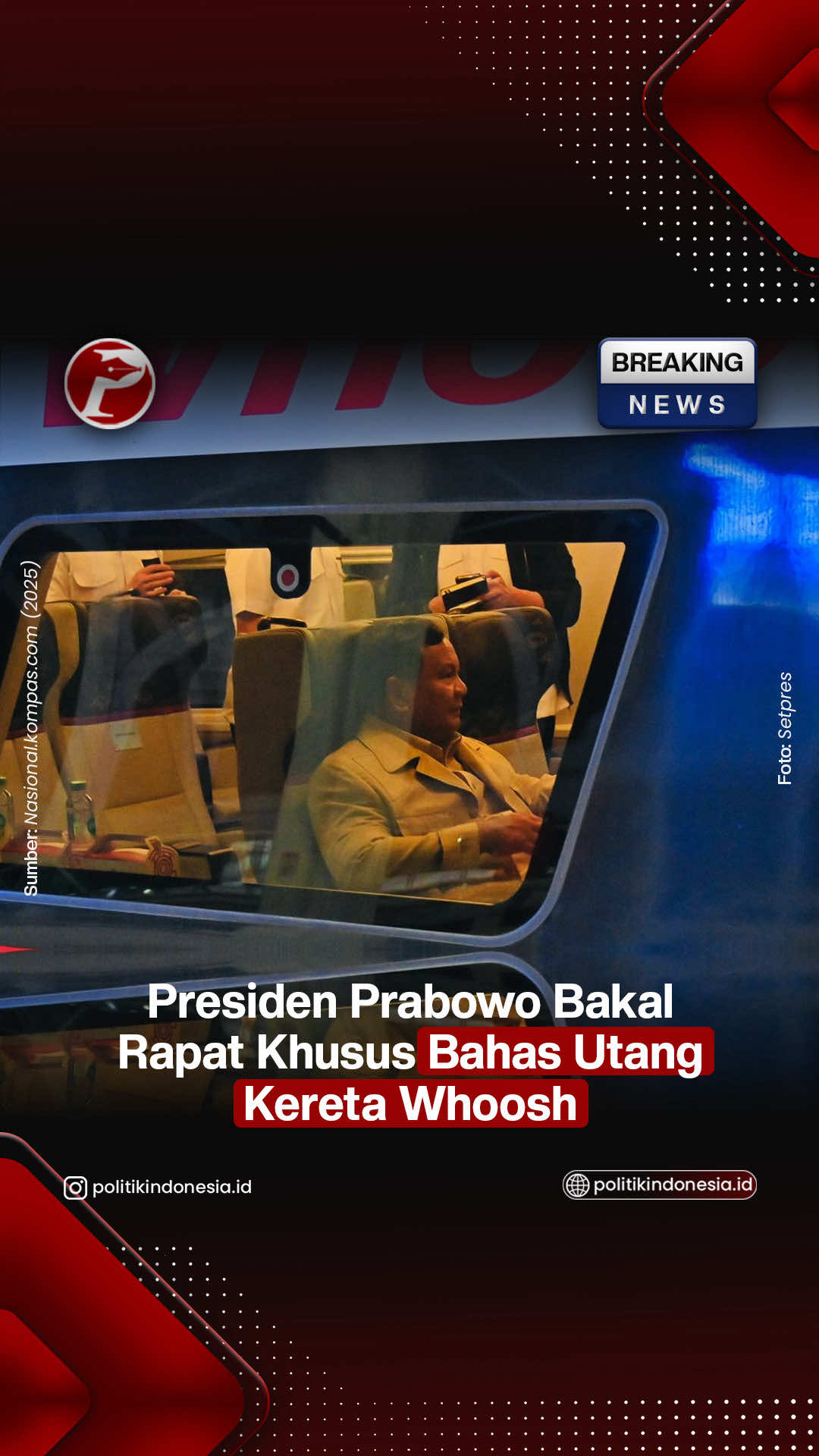 Menteri Koordinator Bidang Perekonomian, Airlangga Hartarto, mengatakan, Presiden Prabowo Subianto akan menggelar rapat khusus mengenai utang jumbo Kereta Cepat Indonesia-China (KCIC) atau Whoosh.  