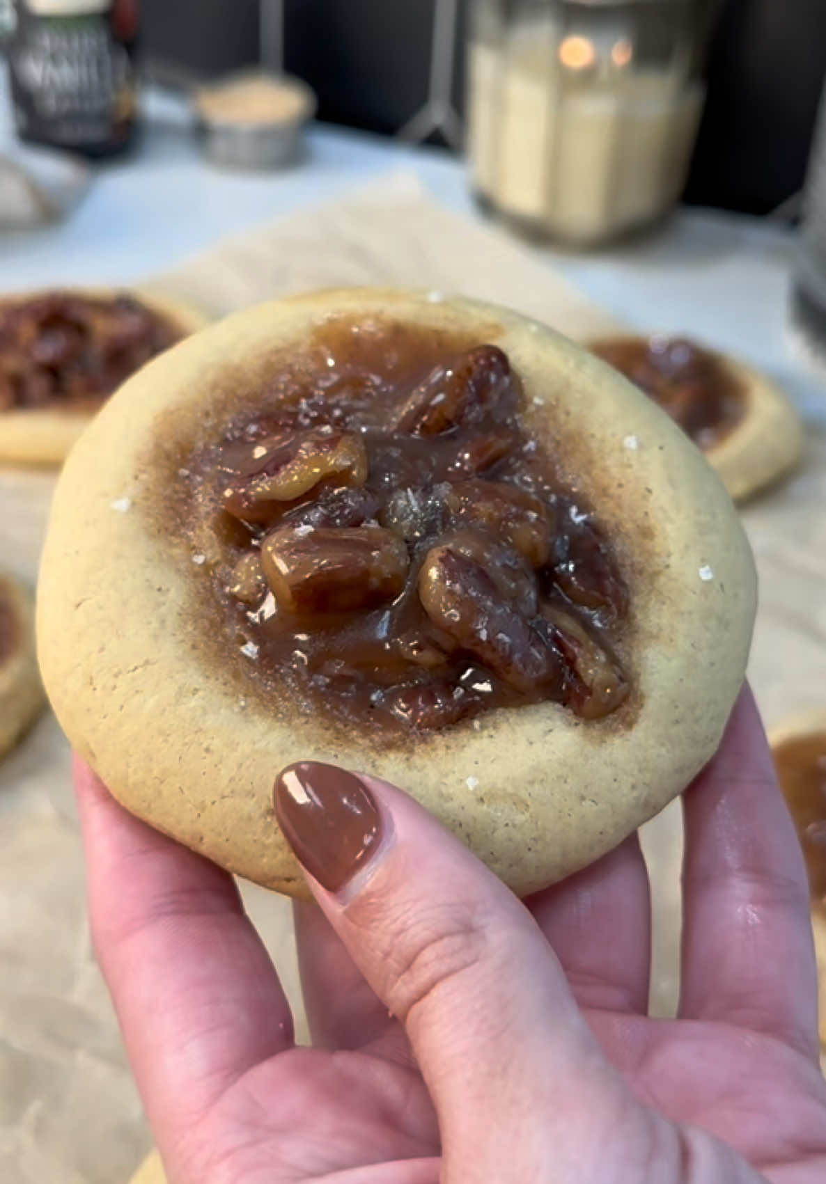 Pecan Pie Cookies 🥧🍪 Seasoned with flavors that matter, these cookies capture the cozy taste of the classic pie with responsibly sourced spices from Frontier Co-op®. Save the RECIPE below. 👇 Cookies: 2 cups all purpose flour, spooned and leveled 1 tsp. cornstarch 1/2 tsp. baking soda 1/2 tsp. baking powder 1/2 tsp. salt 1/2 cup unsalted butter, cut into cubes 1/2 cup dark brown sugar, packed 1/3 cup granulated sugar 1 tsp. Frontier Co-op® Pure Vanilla Extract 1 large egg, room temperature 1 large egg yolk, room temperature Pecan filling: 6 Tbsp. unsalted butter 1/3 cup dark brown sugar, packed 1/3 cup pure maple syrup 2 cups pecans, chopped 1/3 cup heavy cream 1/2 tsp. Frontier Co-op® Cinnamon 1/4 tsp. Frontier Co-op® Cloves 1/4 tsp. Frontier Co-op® Nutmeg 1/8 tsp. Frontier Co-op® Pink Himalayan Salt flaky sea salt, for finishing In a bowl, combine flour, cornstarch, baking soda, baking powder, and salt and set aside. In a large bowl, beat butter, brown sugar, and granulated sugar with a stand mixer or hand mixer until smooth. Mix in egg, egg yolk, and vanilla extract, scraping the bowl as needed. Gradually mix dry ingredients into the wet mixture until dough forms. Using a 2 Tbsp. cookie scoop, scoop dough into balls, create an indent in each using a tablespoon, and chill for 30 minutes. Simmer butter, brown sugar, maple syrup, and pecans for 3 minutes. Stir in cream, spices, and salt, simmering for 2 minutes, then cool. Preheat oven to 350°F and line two baking sheets. Fill each cookie indent with 2 Tbsp. pecan filling and bake 6 cookies per sheet for 10-12 minutes until golden. Add more filling, sprinkle with sea salt, and cool on a rack.