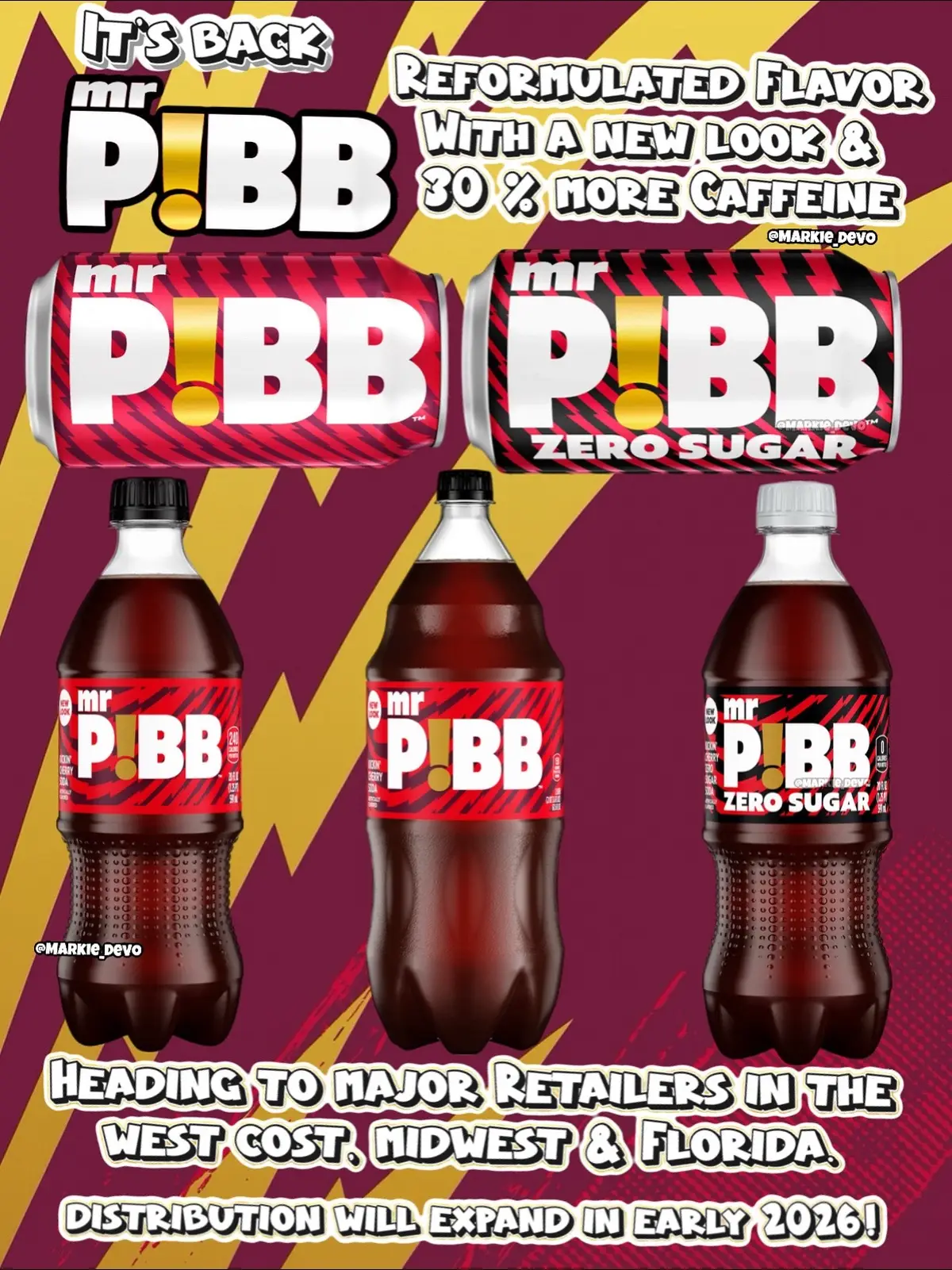 The Pibbmeister is back!! The Coca-Cola Company relaunched Mr. Pibb with a new look and formula, now with 30% more caffeine.  The drink features a “Bold Kick of Cherry” with hints of caramel and spice. 🥤Comes in full-sugar and zero, 12oz can, 20oz bottle and 2L. 🛒Find it now at participating retailers in the West Coast, Midwest and Florida.  🗓️ Distribution will expand in early 2026. Stay tuned for updates!  (News/Image::Mr. Pibb/Coca-Cola)  Thoughts👇🏻 #food #Foodie #foodtiktok #mrpibb #soda 