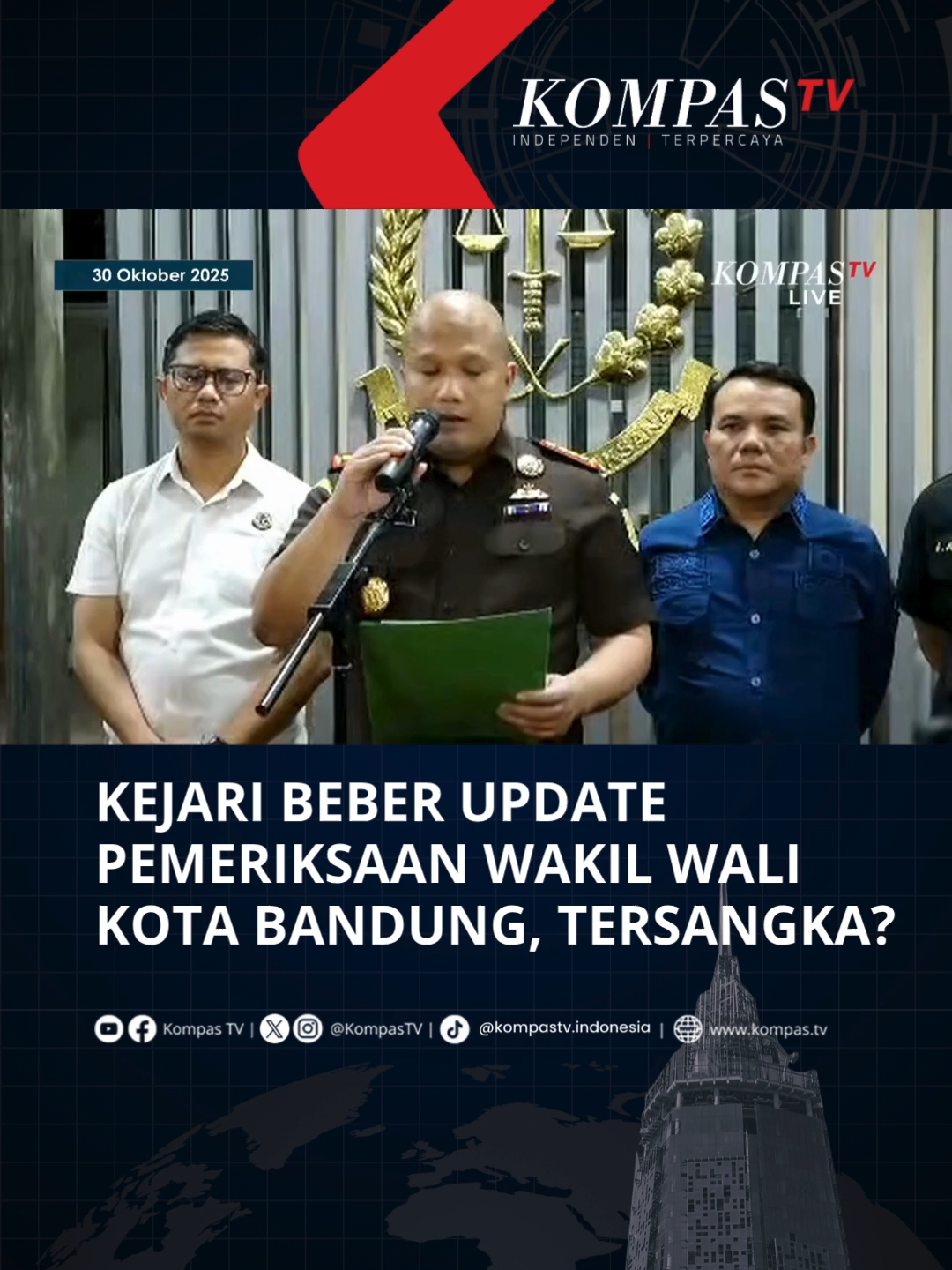 Kejari menyampaikan update pemeriksaan Wakil Wali Kota Bandung Erwin sebagai saksi terkait dugaan korupsi penyalahgunaan kewenangan di pemerintahan Kota Bandung tahun 2025. 
