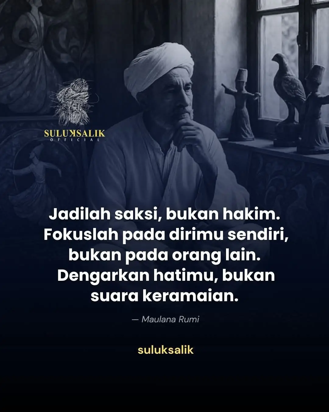 Kalimat Rumi ini mengajarkan kebijaksanaan batin di tengah dunia yang bising dan penuh penilaian. “Jadilah saksi, bukan hakim. Fokuslah pada dirimu sendiri, bukan pada orang lain. Dengarkan hatimu, bukan suara keramaian.” Dalam hidup, kita sering sibuk menilai orang lain — seolah tahu segalanya tentang mereka. Padahal, tugas kita bukan menjadi hakim atas kehidupan siapa pun. Kita hanya diminta menjadi saksi, yang belajar dari apa yang dilihat tanpa menghakimi. Rumi juga mengingatkan: perbaiki diri lebih dulu sebelum menasihati dunia. Fokus pada pertumbuhan pribadi, bukan membandingkan hidupmu dengan hidup orang lain. Dan yang paling penting, dengarkan hatimu. Di tengah hiruk pikuk opini dan standar sosial, suara hati adalah kompas paling jujur yang membimbing kita menuju kedamaian sejati. Karena kadang, sunyi jauh lebih bijak daripada ribut yang tak membawa makna. #refleksi #inspiration #motivation 