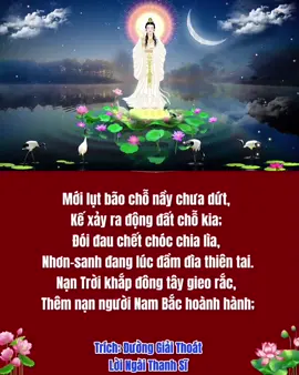 Mới lụt bão chỗ nầy chưa dứt,  Kế xảy ra động đất chỗ kia;  Đói đau chết chóc chia lìa,  Nhơn-sanh đang lúc đầm đìa thiên tai.  Nạn Trời khắp đông tây gieo rắc,  Thêm nạn người Nam Bắc hoành hành;  Chỗ nầy chưa dứt chiến tranh,  Kế nghe chỗ nọ khởi hành binh đao.  Thảm với khổ kể sao cho hết,  Sống khó khăn còn chết dễ dàng;  Nhìn vào khắp cảnh nhơn gian,  Lao đao chẳng khác như thoàn gặp giông.  Trích: Đường Giải Thoát  Lời Ngài Thanh Sĩ