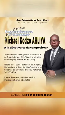 Amoureux de la musique chorale, nous vous invitons à redécouvrir et honorer cet homme d’exception : *Michael Kodzo AHLIYA*, compositeur, enseignant et serviteur fidèle de Dieu. 📅 Dimanche 14 décembre 2025 🕓 14h30 📍 EEPT Avedzi – Lomé Venez nombreux célébrer ce pilier de la musique chorale togolaise. ✨ Ensemble, honorons-le vivants ! ✨ 📞 +228 90 04 69 02 / 90 35 26 61 #viralvideos #togovi228🇹🇬🇹🇬 #ewetiktokers🇹🇬🇧🇯 