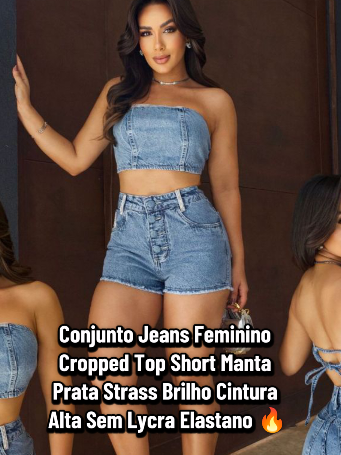 Conjunto Jeans Feminino Cropped Top Short Manta Prata Strass Brilho Cintura Alta Sem Lycra Elastano por R$98,90 #conjunto #cropped #shorts #strass #lycra 