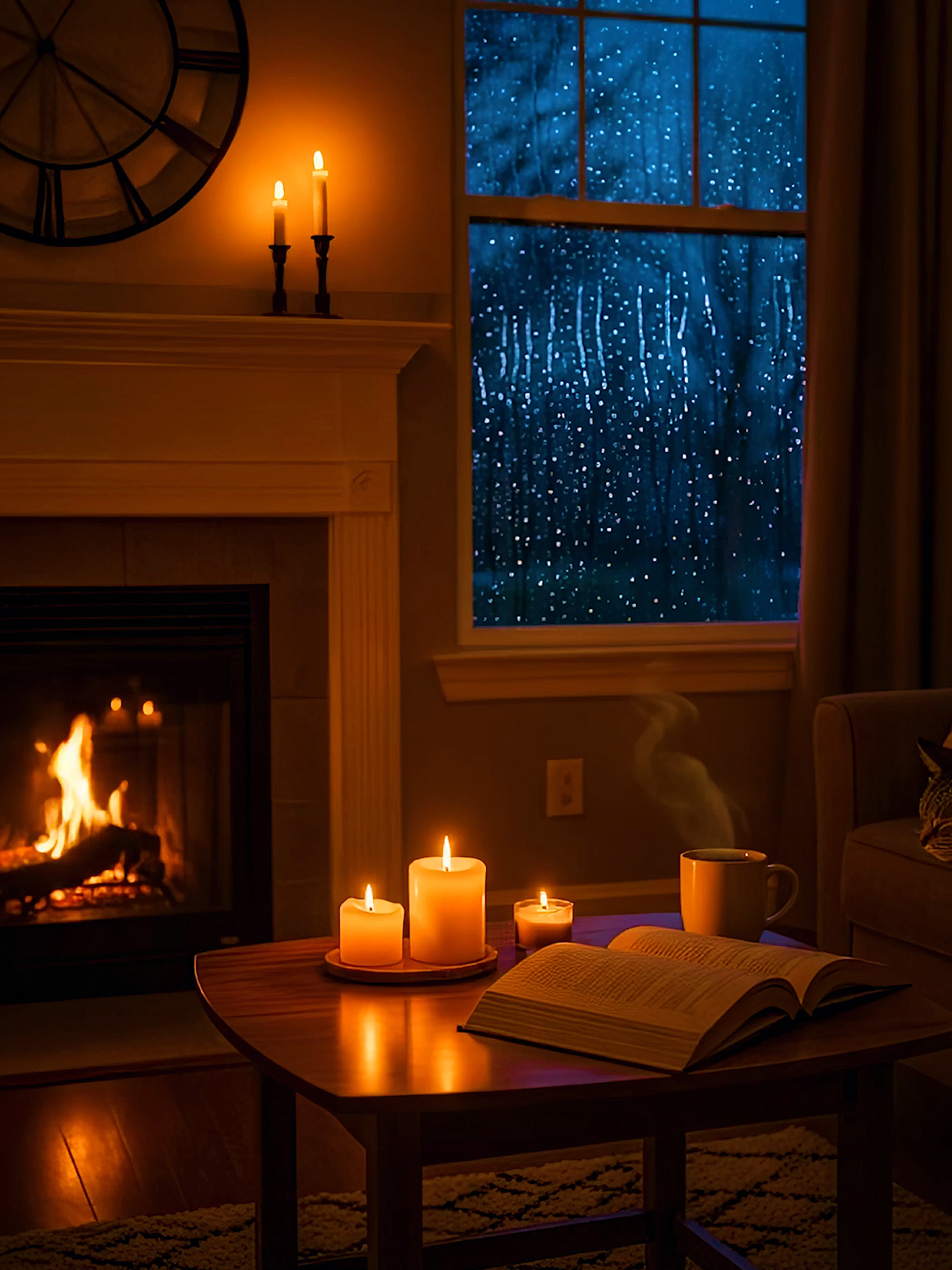 Rain. Firelight. Peace. ⠀ ⠀ ⠀ ⠀ Blue hour rain taps at the window while candles glow and the fireplace whispers. Steam rises from your mug, pages turn slowly, and the room settles into calm. #cozyhome #rainynight #fireplaceambience #candlelight #readingnook #ambienttv #relaxingathome #eveningvibes #lofiambience #slowdown #hyggehome