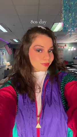 By far my favorite dress up day! When it’s 80s day, I get the chance to pull out my vintage windbreaker suit that my mom found at the thrift years ago.  #redribbonweek #clothing #dressup #80s #halloween 