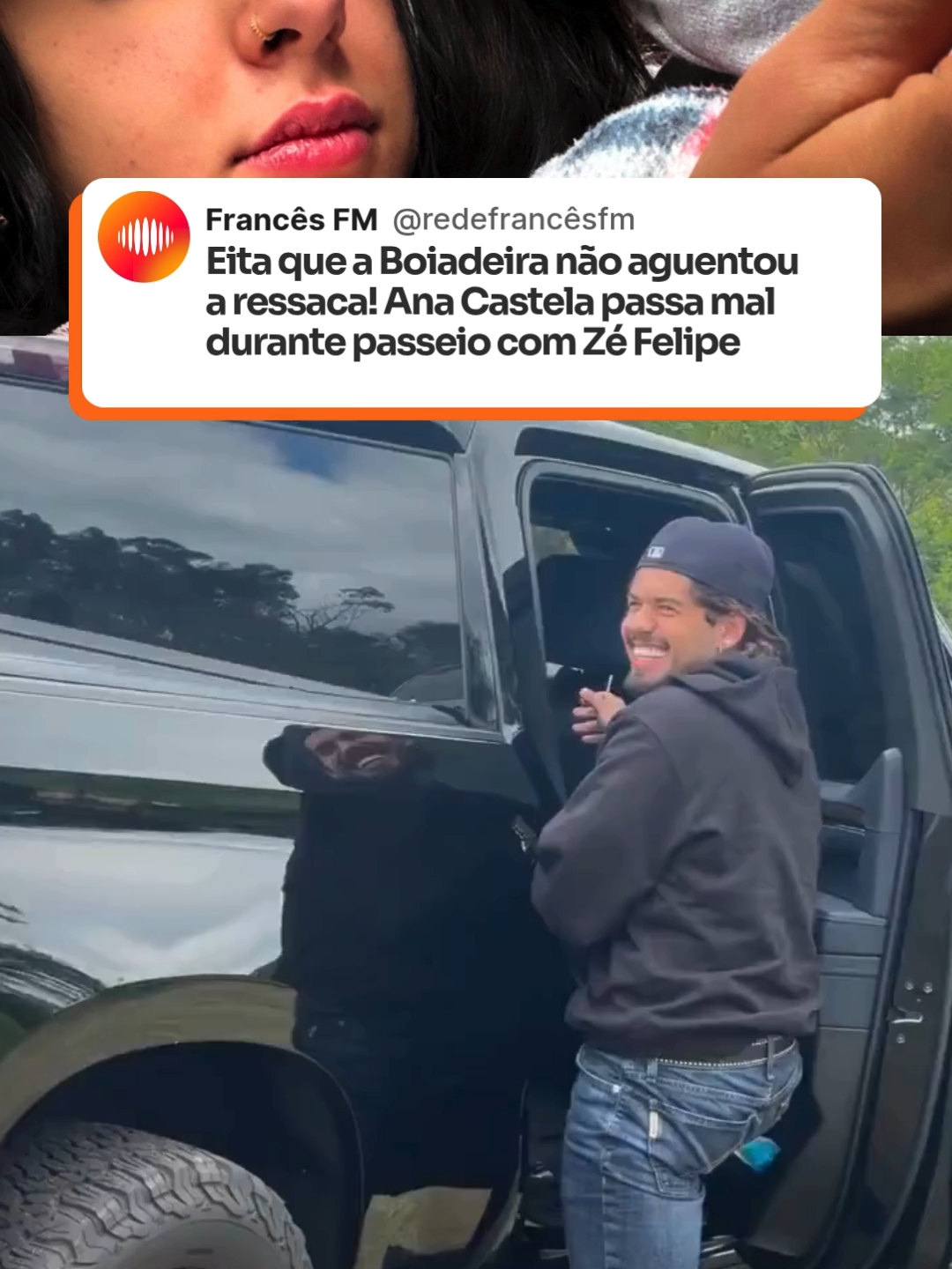 Após uma noite regada a cachaça, música e muita resenha com o namorado Zé Felipe e amigos, Ana Castela acordou achando que já estava bem, mas o passeio de carro provou o contrário! A cantora acabou passando mal, e Zé Felipe não perdeu a chance de brincar com a situação. Ana logo deixou claro que já está melhor. Muito gente como a gente! Quem que não se identifica com esses dois? @zefelipe