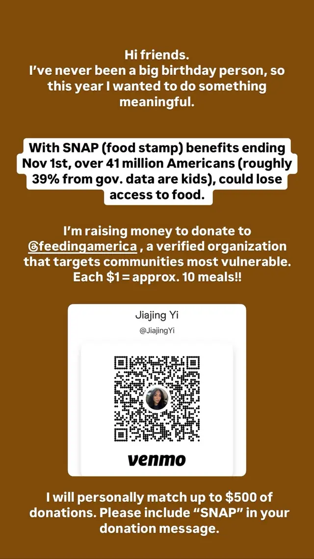 Saved these stories from my Instagram to post on here to allow more individuals to participate 🤍 I’m truly always blown away by community support- since this post will last longer than the 24 hours on IG stories, I will match the donations up to $500 that come until Oct. 31st. After that, any and all donations made with the “SNAP” message will still be donated to @Feeding America 🤍 