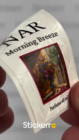 Where creativity meets luxury. This white-on-white custom texture background, reflecting the essence of the scent, is elevated with raised black text and a refined color picture frame. A true statement piece for niche perfumes, designed to stand out with elegance and artistry. Designed & Printed by @stickerr.com_  For @nasser_nar1 based in Saudi Arabia 🇸🇦  Made in UK 🇬🇧  Worldwide Shipping 🌏 For more details or make an enquiry, please visit our website: www.stickerr.com/quote