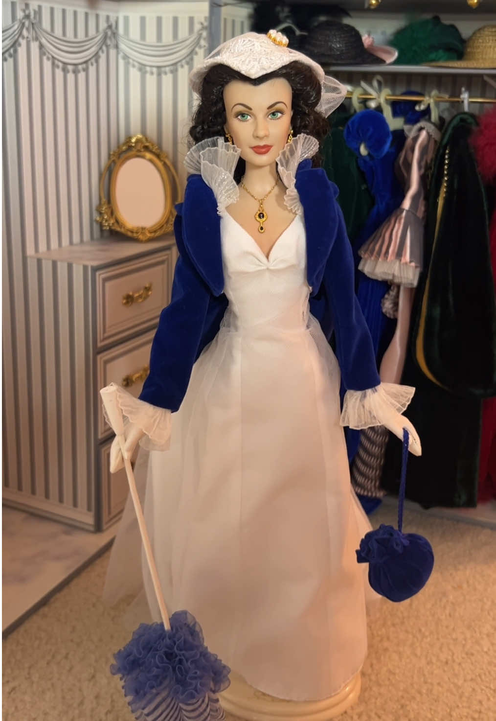 Replying to @ava.avalon1 The Sawmill dress💙 #franklinmintdoll #franklinmintscarlett #doll #gonewiththewind #scarlettohara 