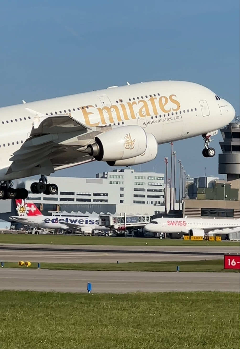 Emirates A380 Take-Off on Runway 16 at Zurich Airport #planespotting #zurichairport #emirates #a380 #fyp 