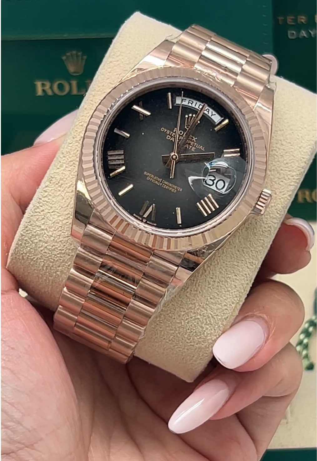 228235 Rolex Day‑Date  40mm in 18k rose gold with the stunning Slate Ombre Roman dial. 2025 model available for order now — make your move! #DowntownLA #JewelryDistrictLA #RolexDayDate #EveroseGold #228235