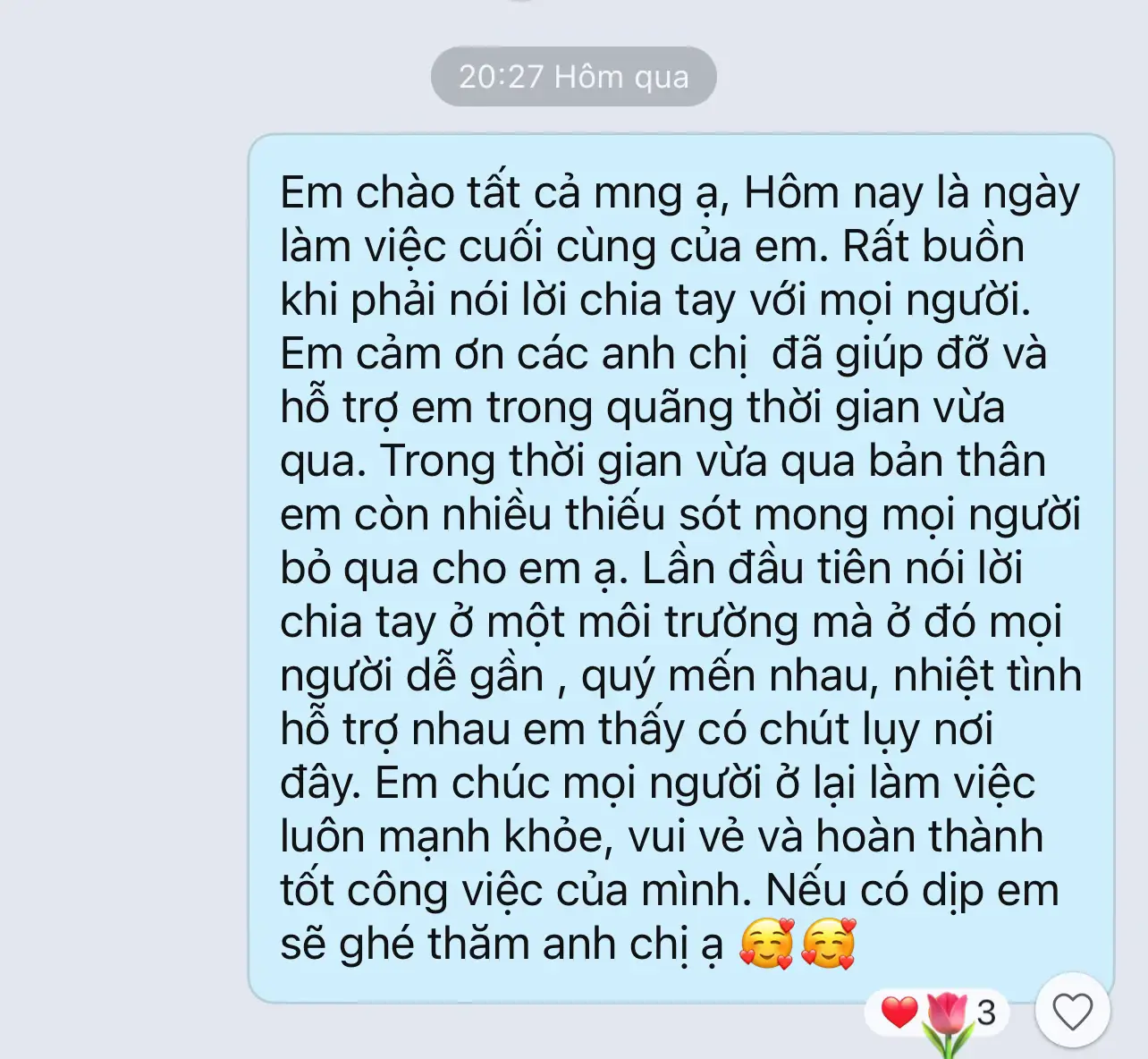 Tạm biệt nơi mình từng gắn bó, cống hiến. Sếp tâm lý, luôn tạo điều kiện cho mình, đồng nghiệp luôn hỗ trợ và quý mến nhau. Nhưng rời đi khong có nghĩa là kết thúc mà đôi khi sẽ mở ra cơ hội để phát triển bản thân. Dù làm ở đâu đi nữa thì trong mình vẫn yêu nơi này Vtaxpro Mình rất vui khi nghe sếp nói : 